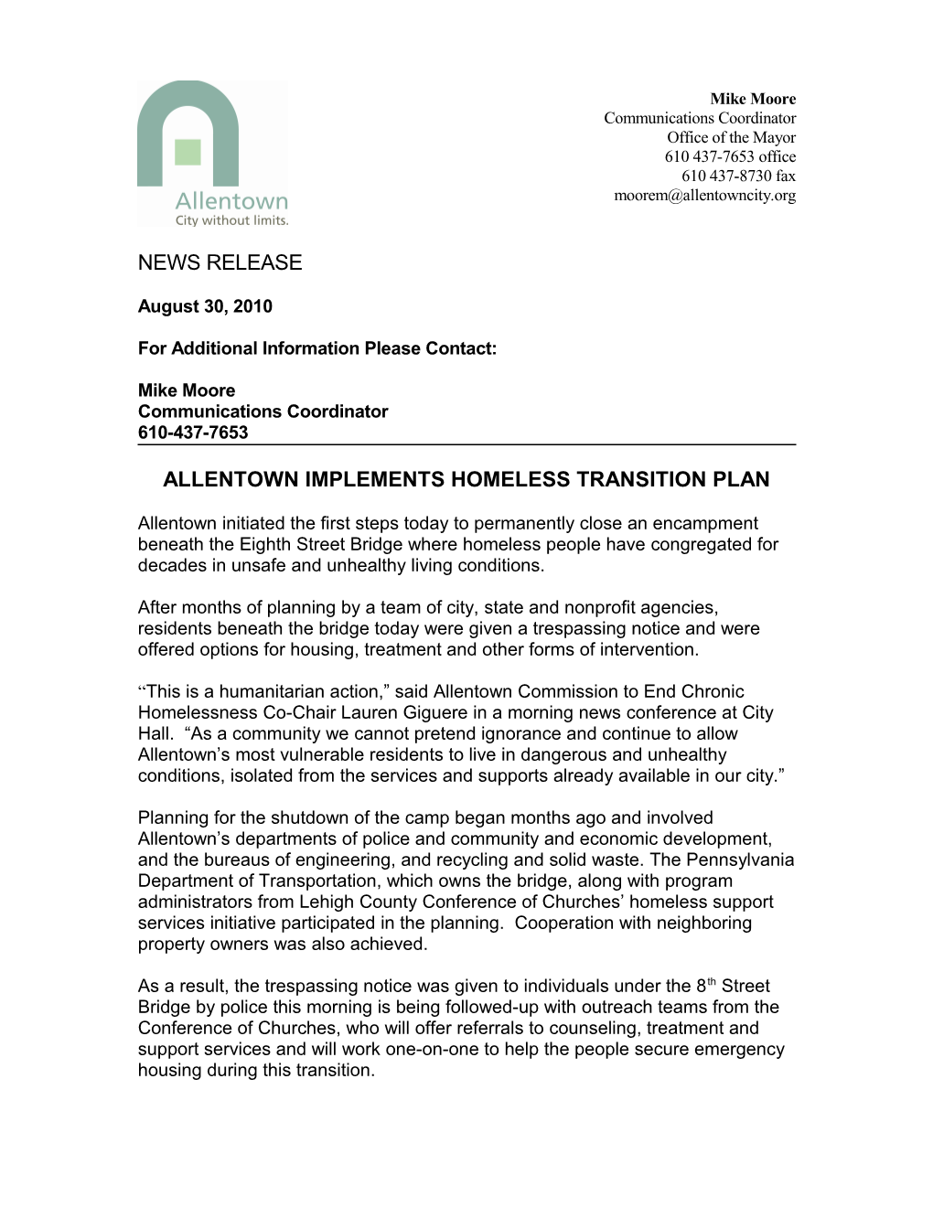 Allentown Implements Homeless Transition Plan