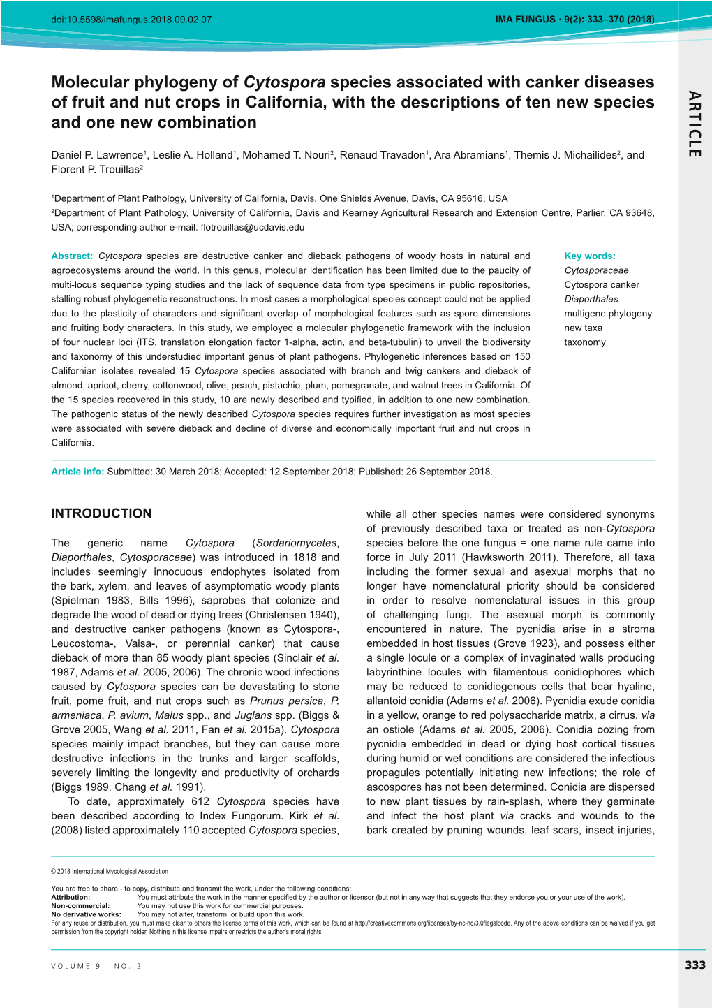 AR TICLE Molecular Phylogeny of Cytospora Species Associated With