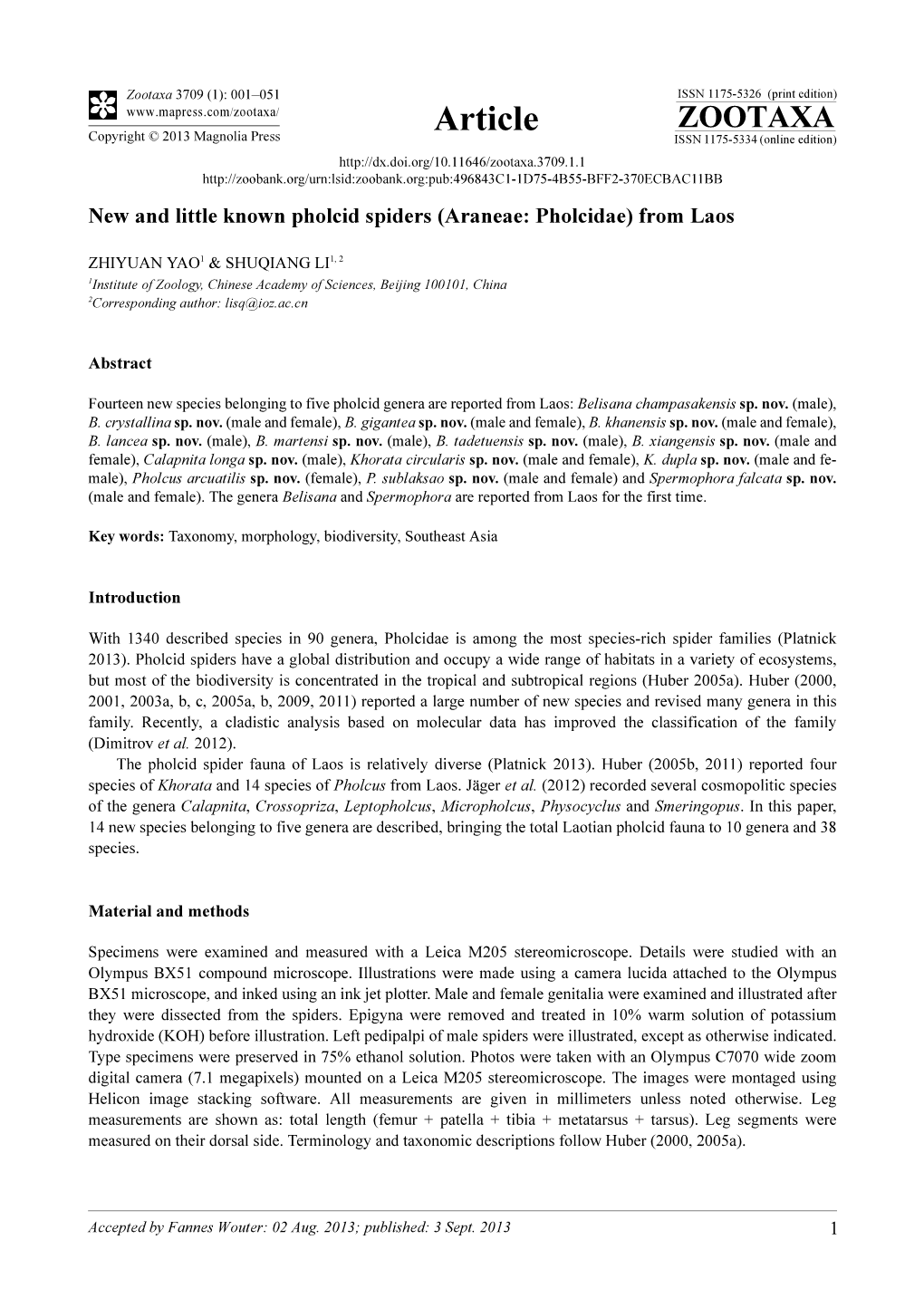 New and Little Known Pholcid Spiders (Araneae: Pholcidae) from Laos