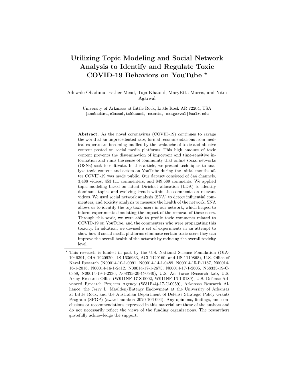 Utilizing Topic Modeling and Social Network Analysis to Identify and Regulate Toxic COVID-19 Behaviors on Youtube ?
