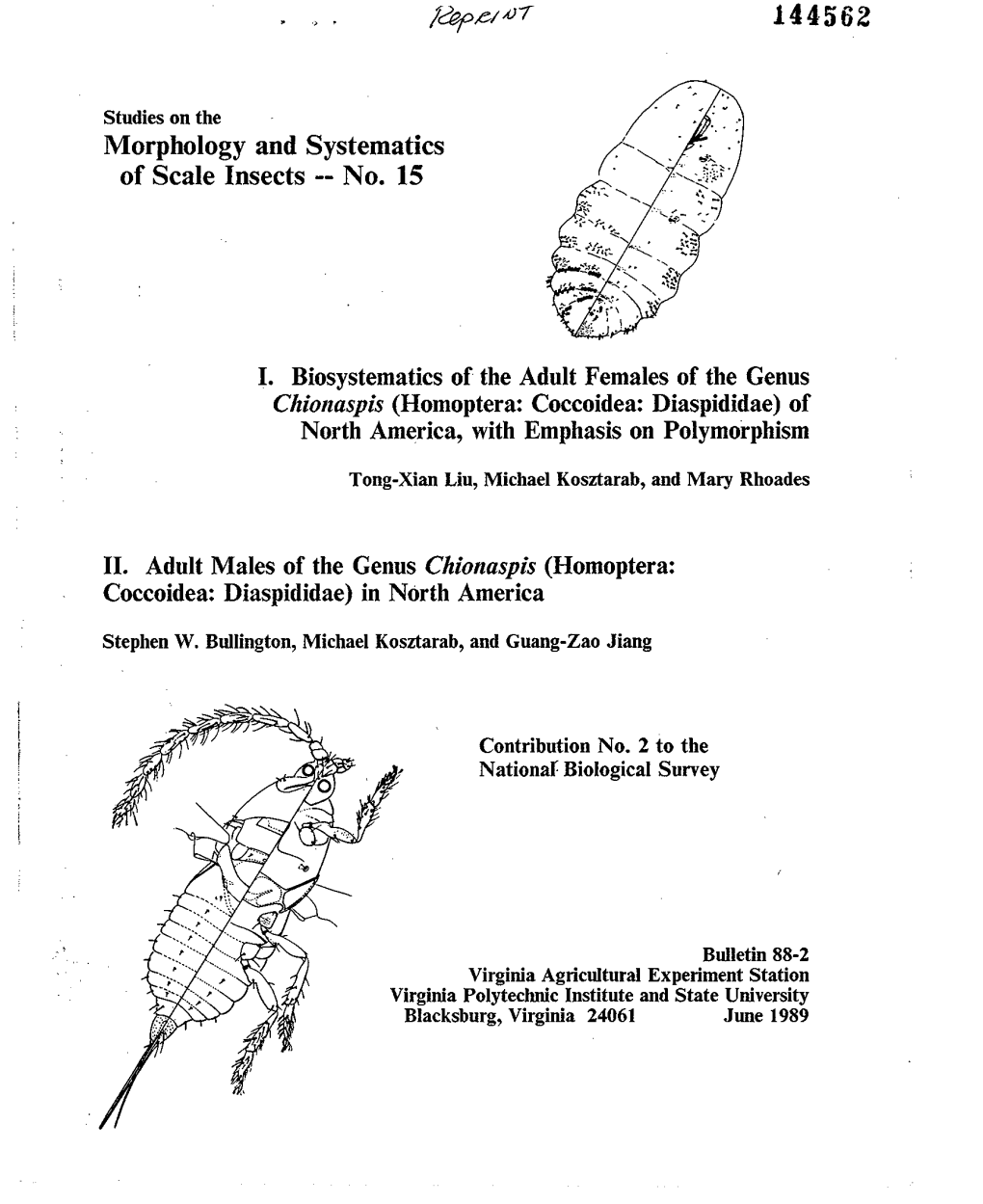 Adult Males of the Genus Chionaspis (Homoptera: Coccoidea: Diaspididae) in North America