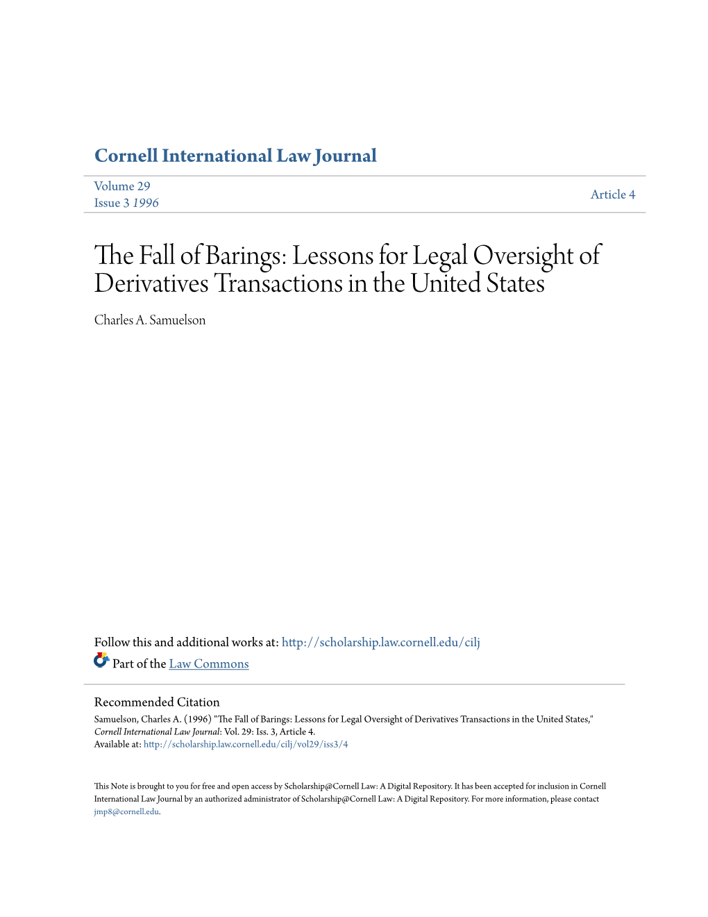 The Fall of Barings: Lessons for Legal Oversight of Derivatives Transactions in the United States Charles A