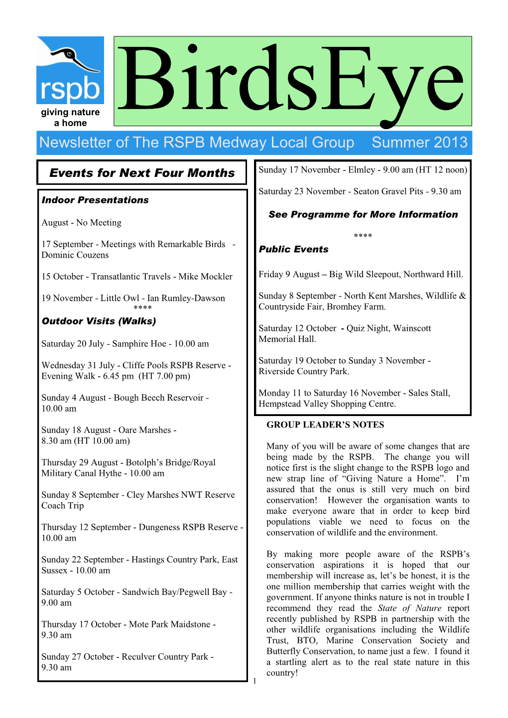 Newsletter of the RSPB Medway Local Group Summer 2013