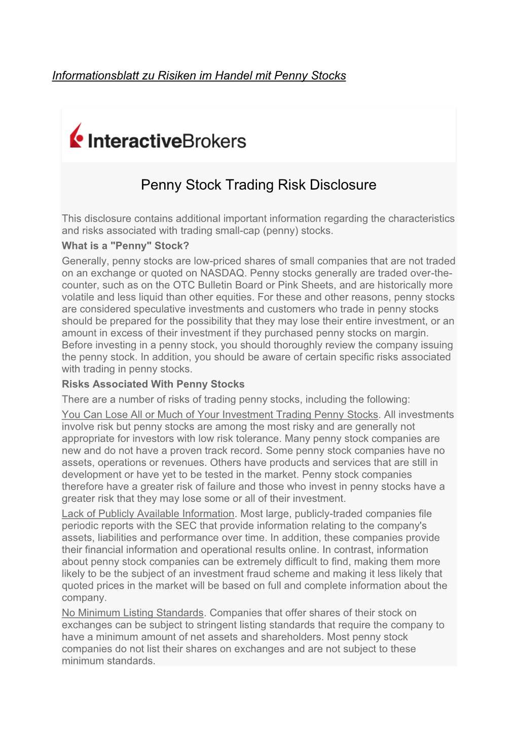 Penny Stock Trading Risk Disclosure