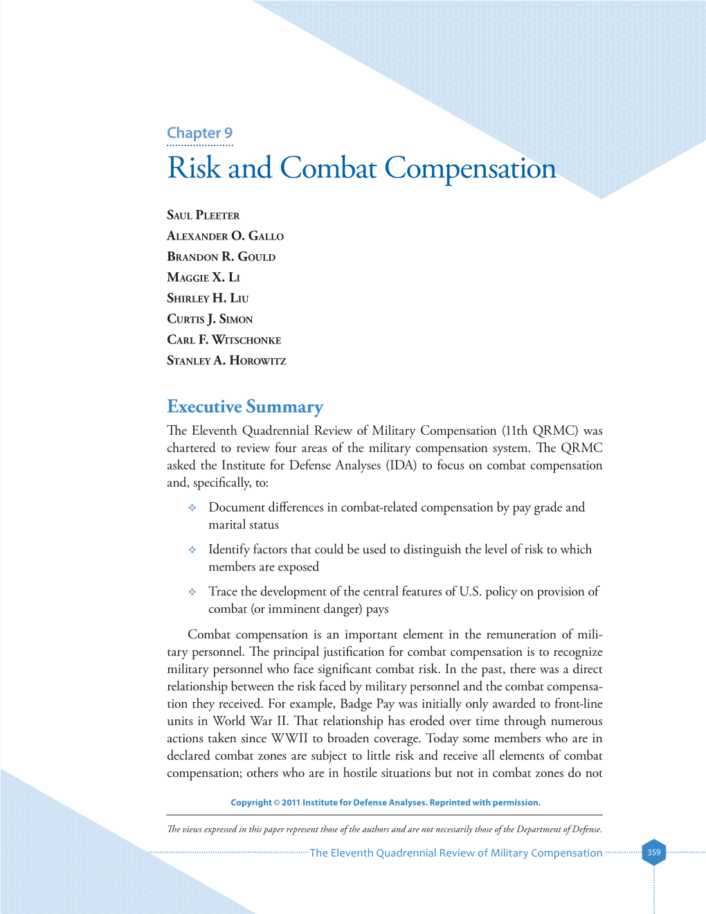 Risk and Combat Compensation