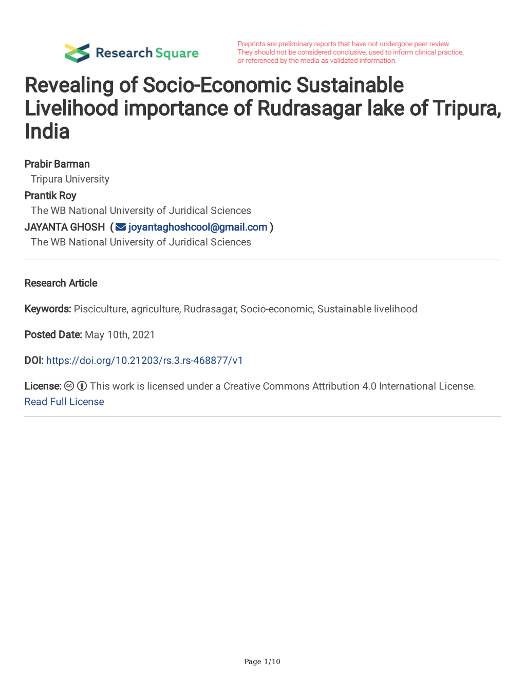 Revealing of Socio-Economic Sustainable Livelihood Importance of Rudrasagar Lake of Tripura, India
