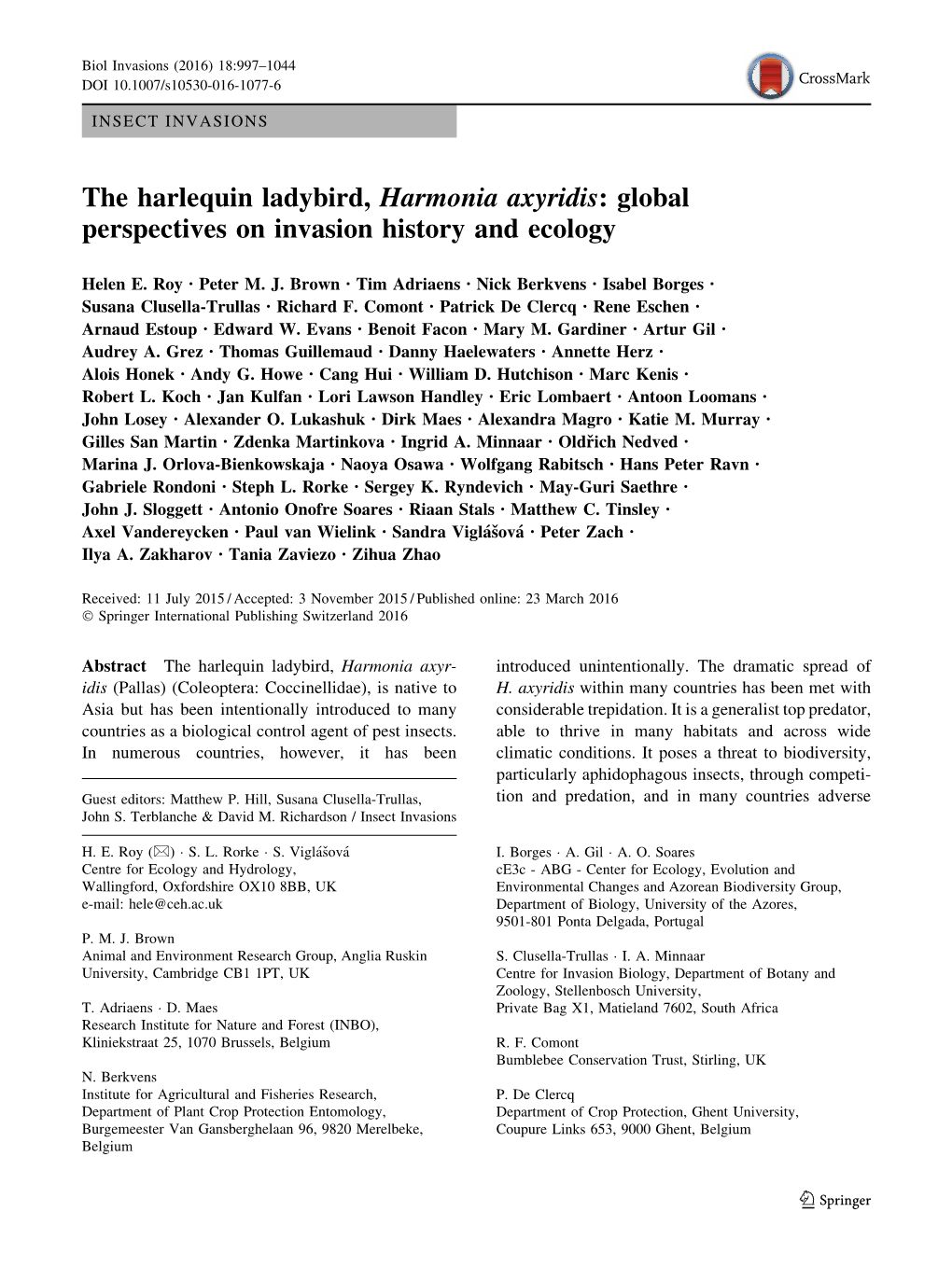 The Harlequin Ladybird, Harmonia Axyridis: Global Perspectives on Invasion History and Ecology