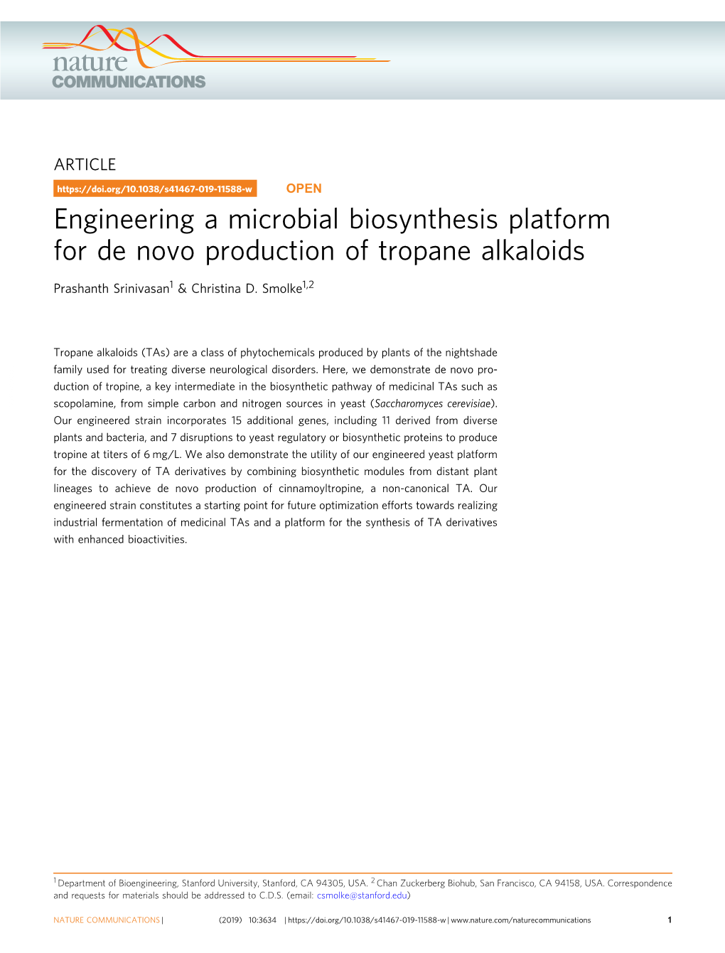 Engineering a Microbial Biosynthesis Platform for De Novo Production of Tropane Alkaloids