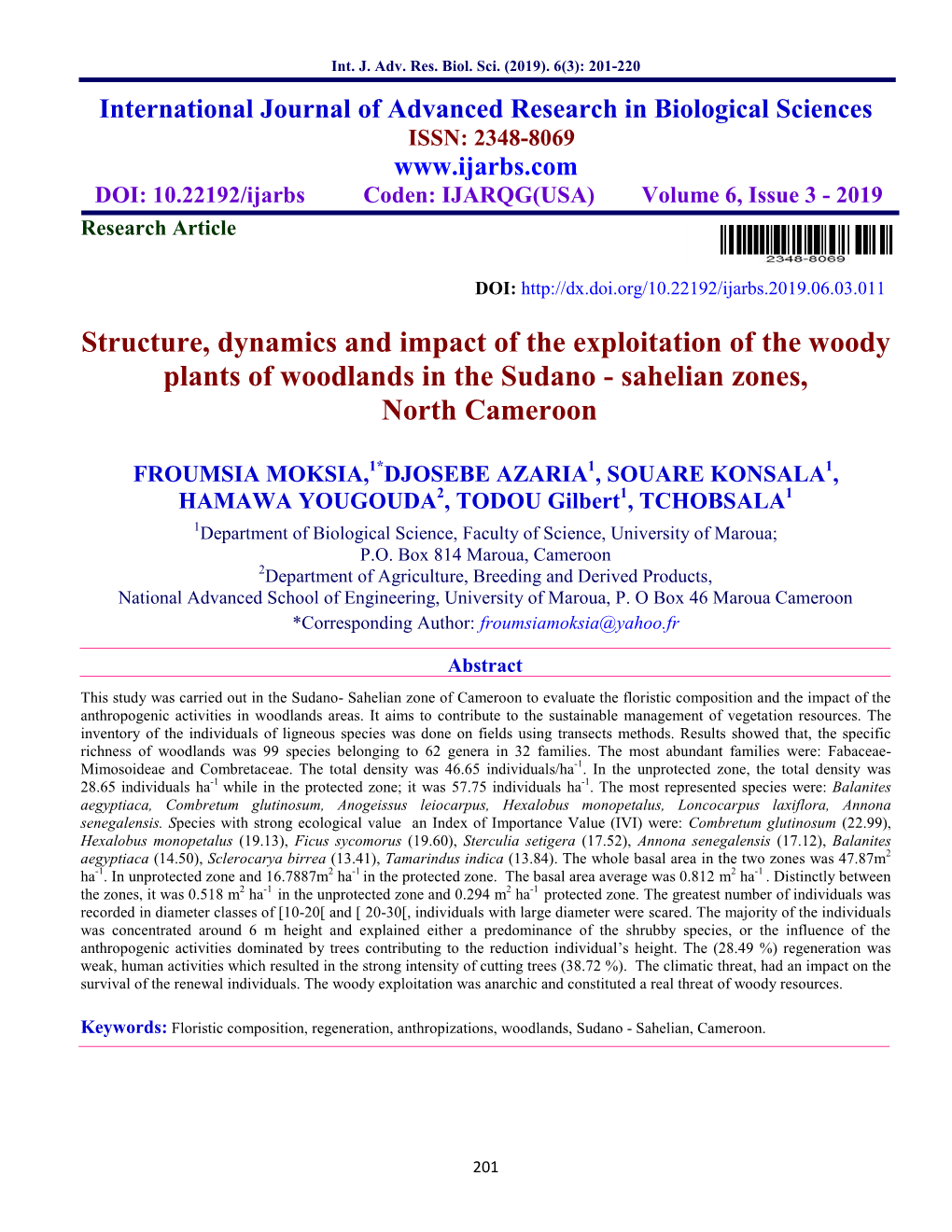 Structure, Dynamics and Impact of the Exploitation of the Woody Plants of Woodlands in the Sudano - Sahelian Zones, North Cameroon