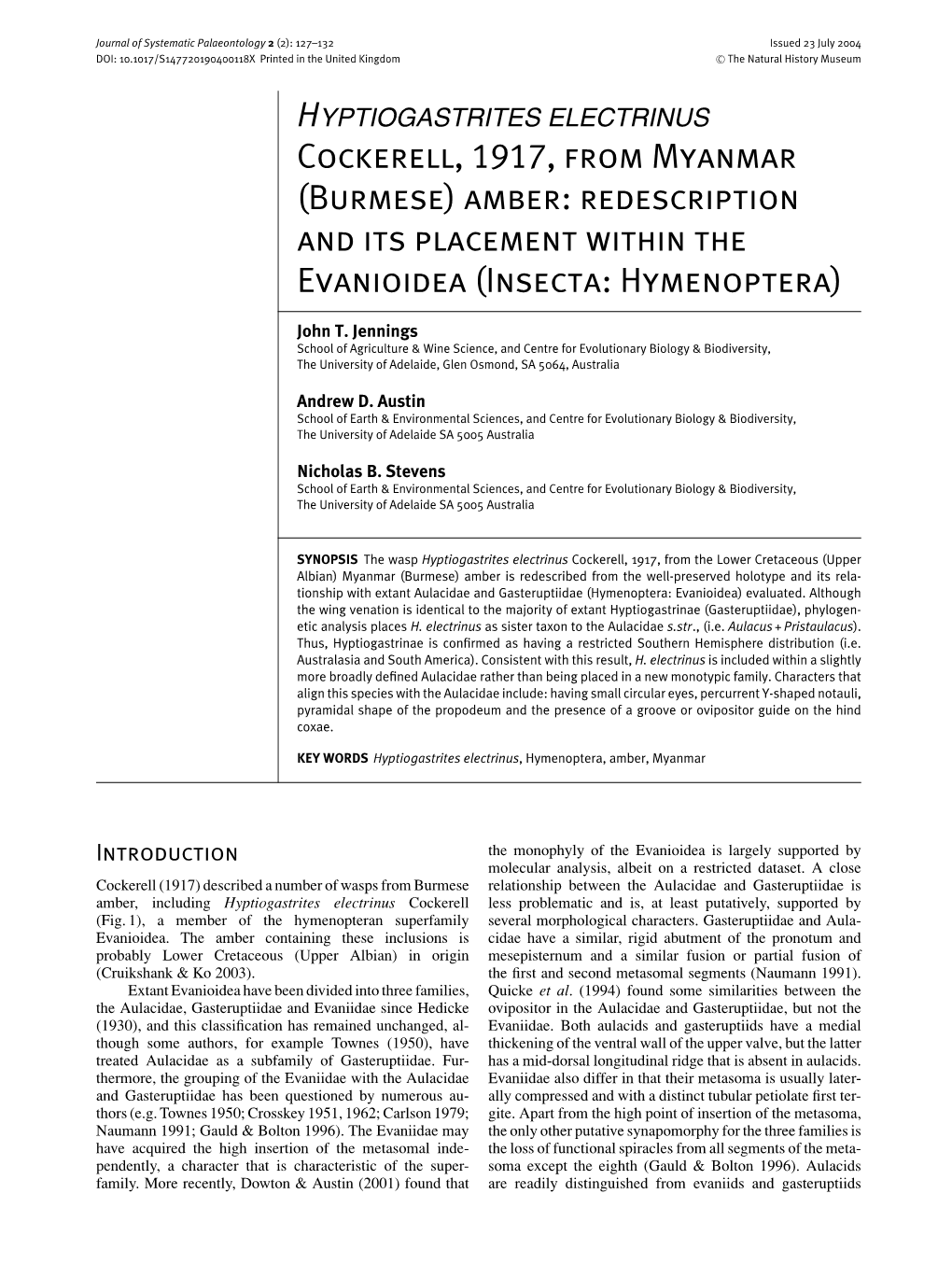 Burmese) Amber: Redescription and Its Placement Within the Evanioidea (Insecta: Hymenoptera