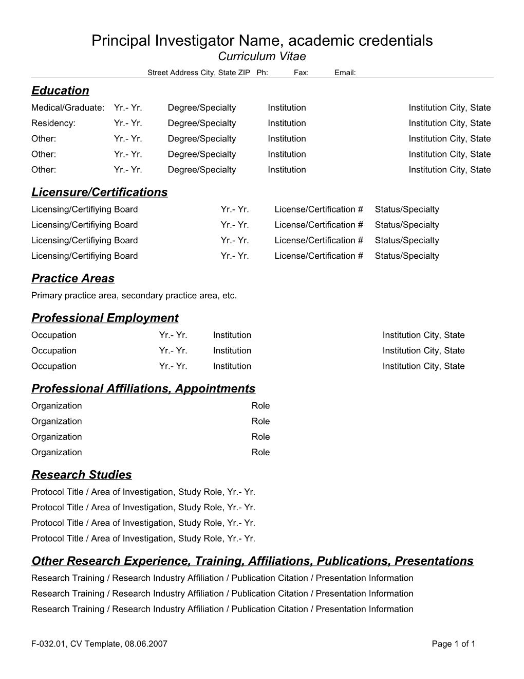 Principal Investigator Name, Academic Credentials