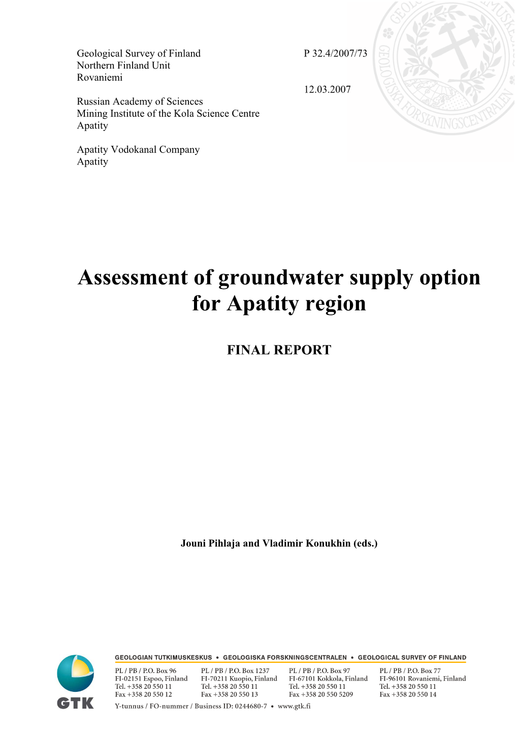 Assessment of Groundwater Supply Option for Apatity Region
