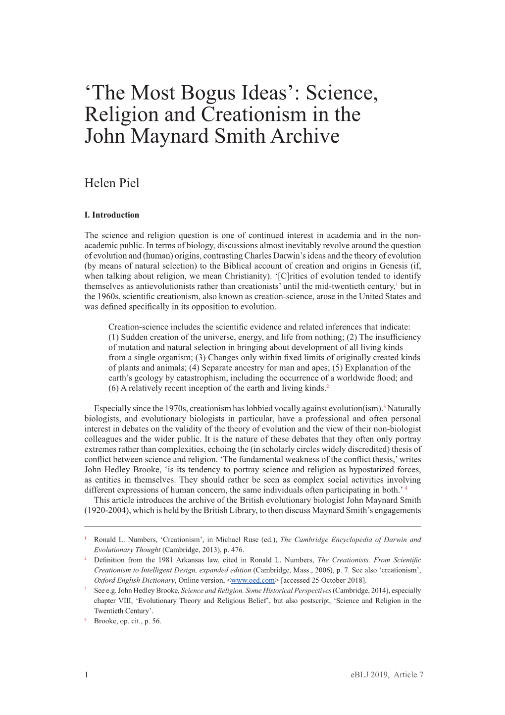 Science, Religion and Creationism in the John Maynard Smith Archive