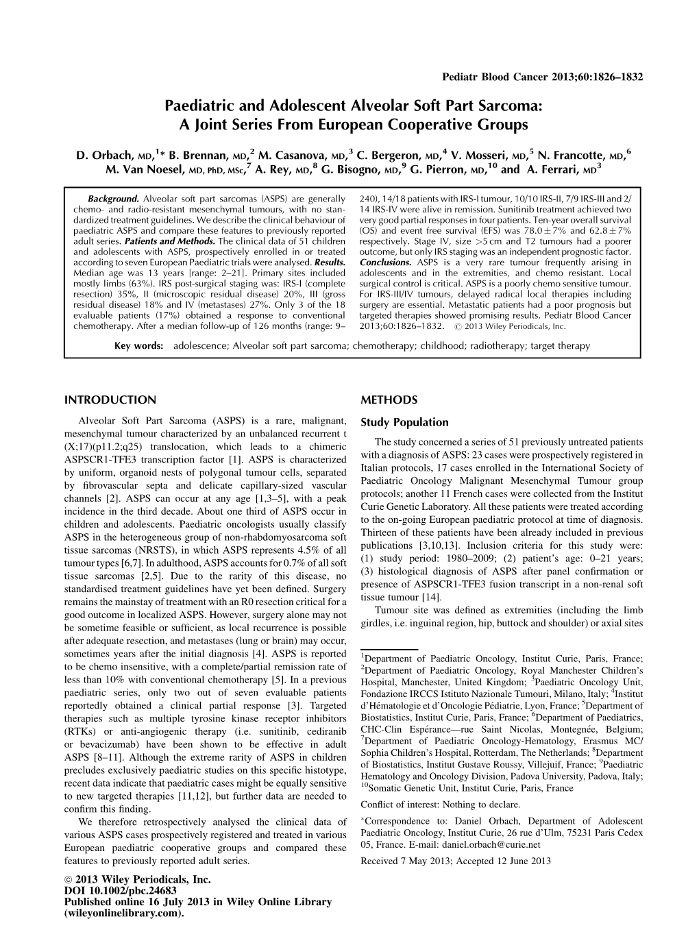 Paediatric and Adolescent Alveolar Soft Part Sarcoma: a Joint Series from European Cooperative Groups