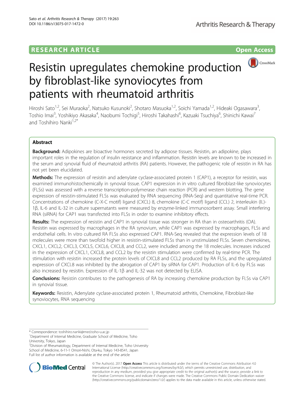 Resistin Upregulates Chemokine Production by Fibroblast-Like Synoviocytes from Patients with Rheumatoid Arthritis