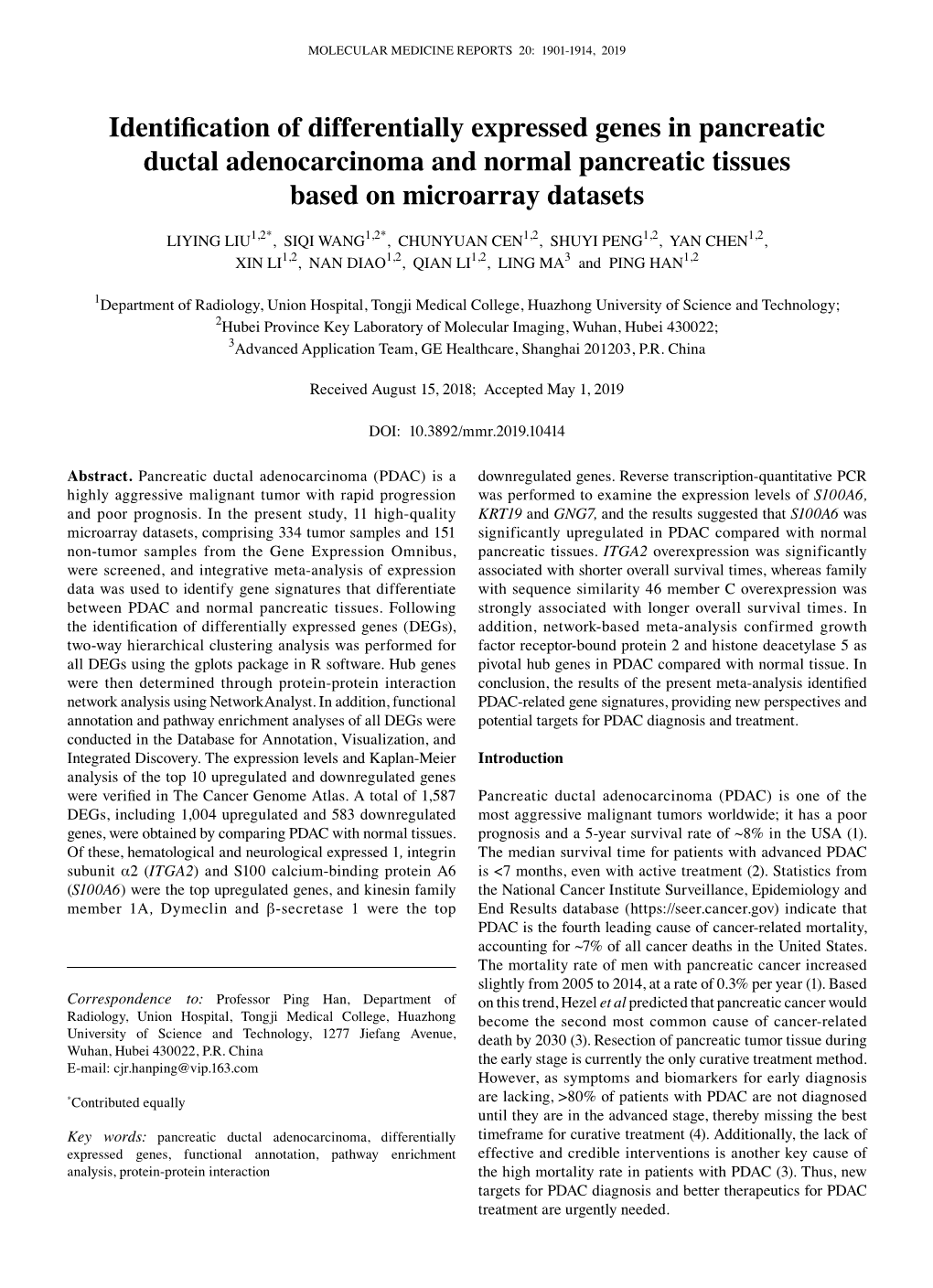 Identification of Differentially Expressed Genes in Pancreatic Ductal Adenocarcinoma and Normal Pancreatic Tissues Based on Microarray Datasets