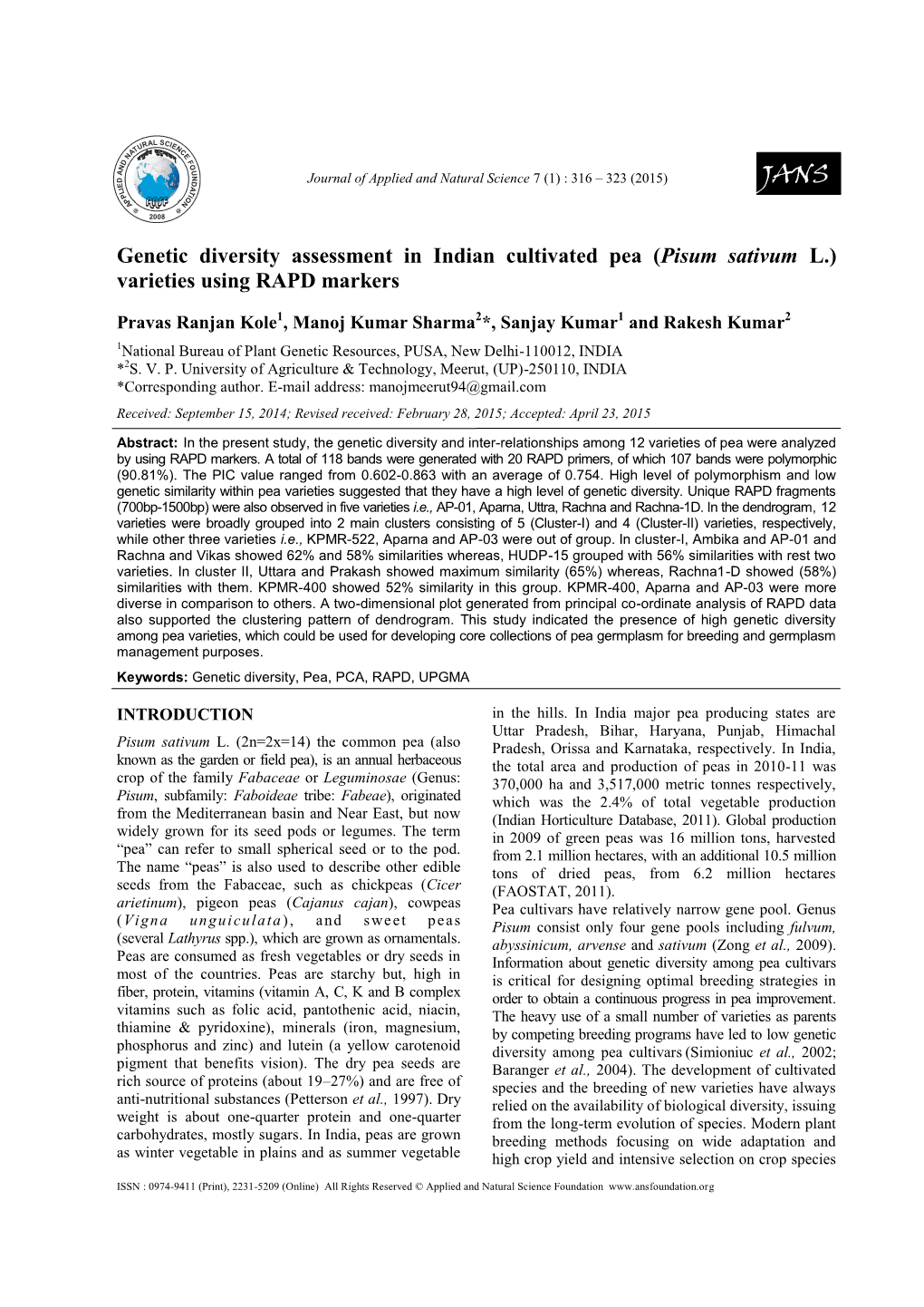 (Pisum Sativum L.) Varieties Using RAPD Markers