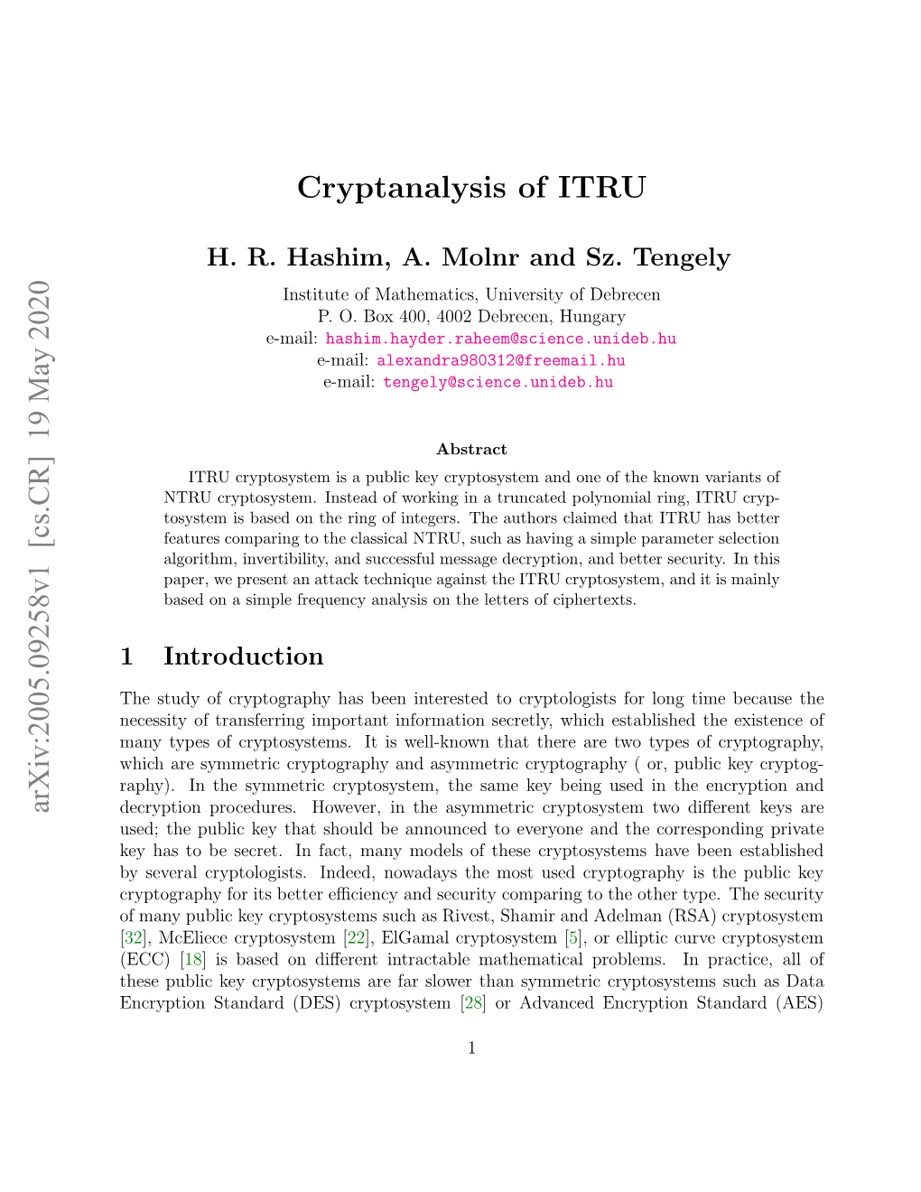 Cryptanalysis of ITRU