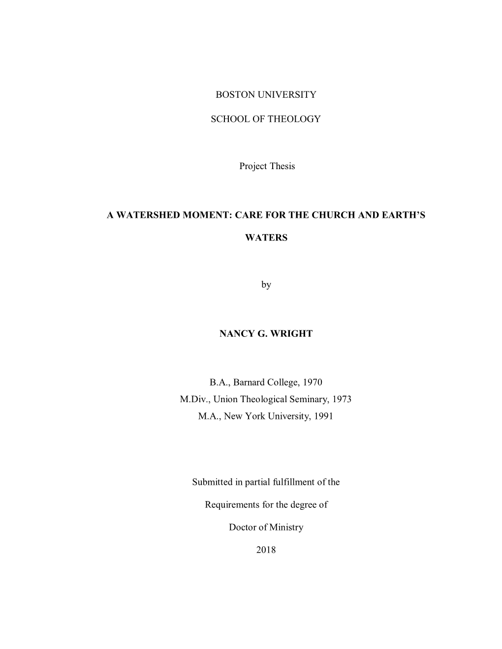 BOSTON UNIVERSITY SCHOOL of THEOLOGY Project Thesis A