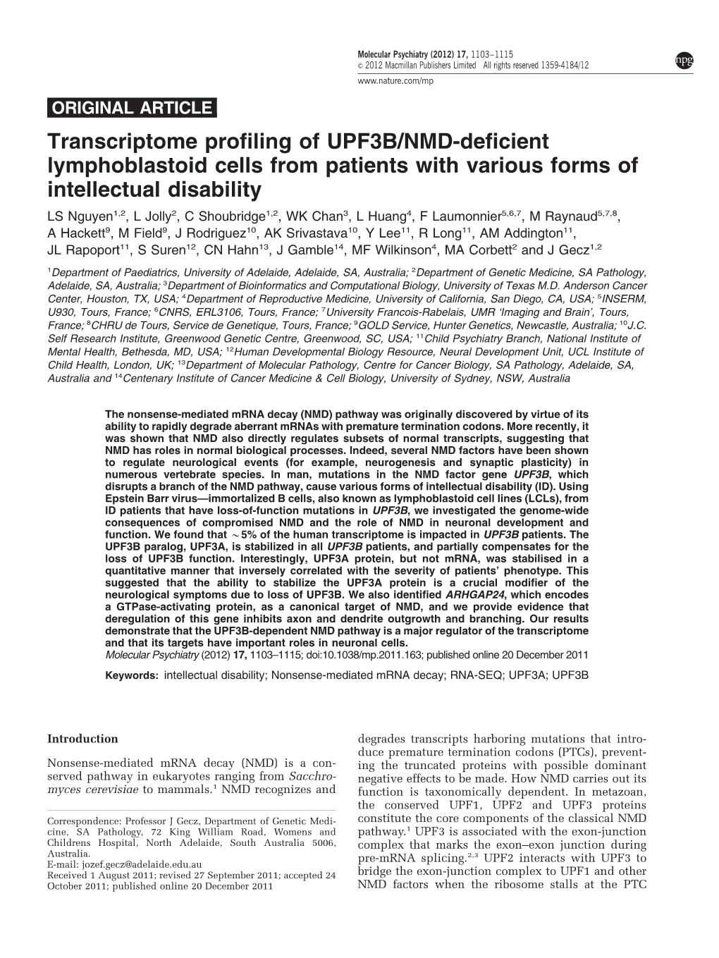 Transcriptome Profiling of UPF3B&Sol