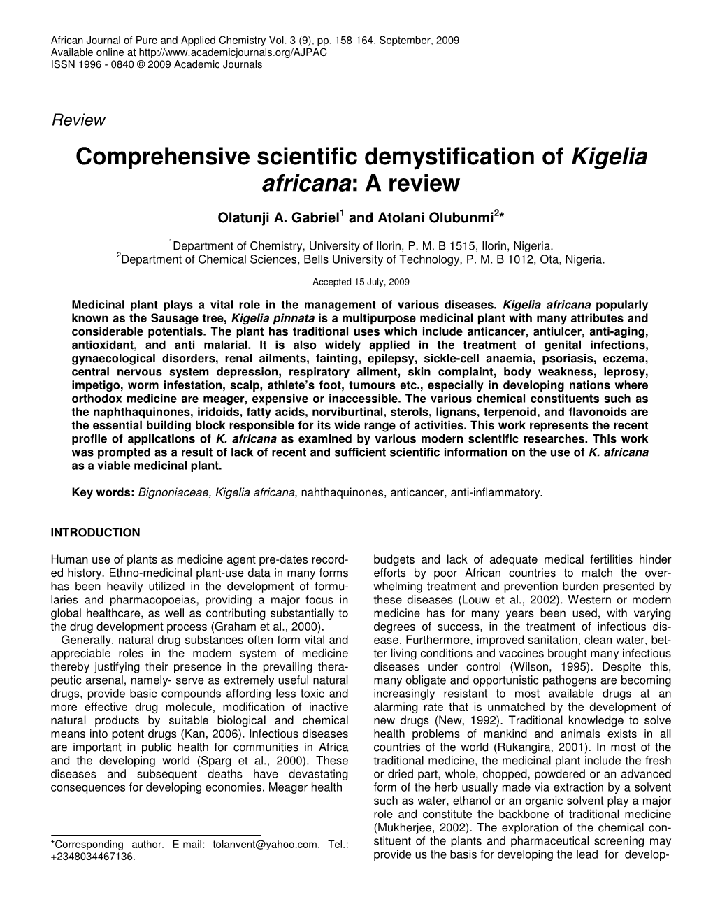 Comprehensive Scientific Demystification of Kigelia Africana: a Review