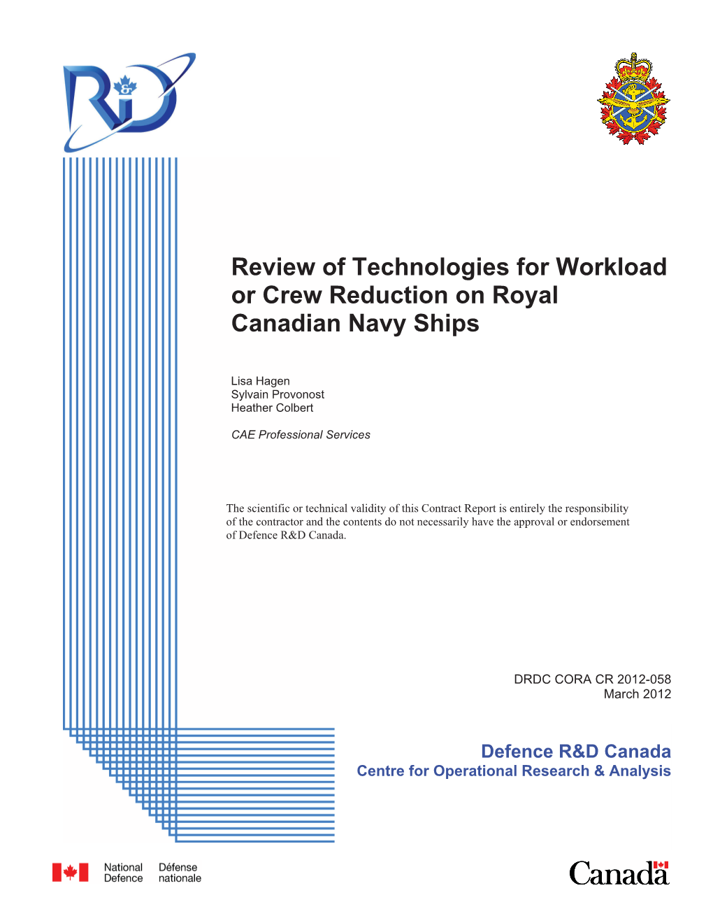 Review of Technologies for Workload Or Crew Reduction on Royal Canadian Navy Ships