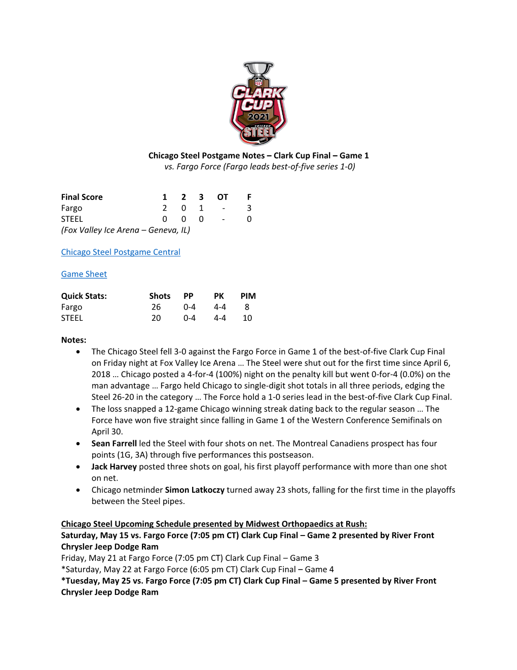 Chicago Steel Postgame Notes – Clark Cup Final – Game 1 Vs. Fargo Force (Fargo Leads Best-Of-Five Series 1-0)