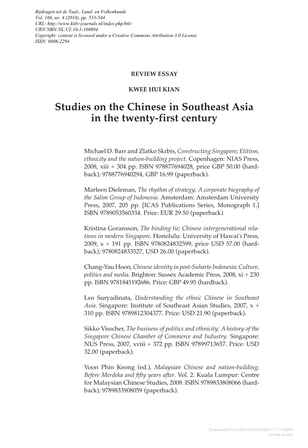 Studies on the Chinese in Southeast Asia in the Twenty-First Century