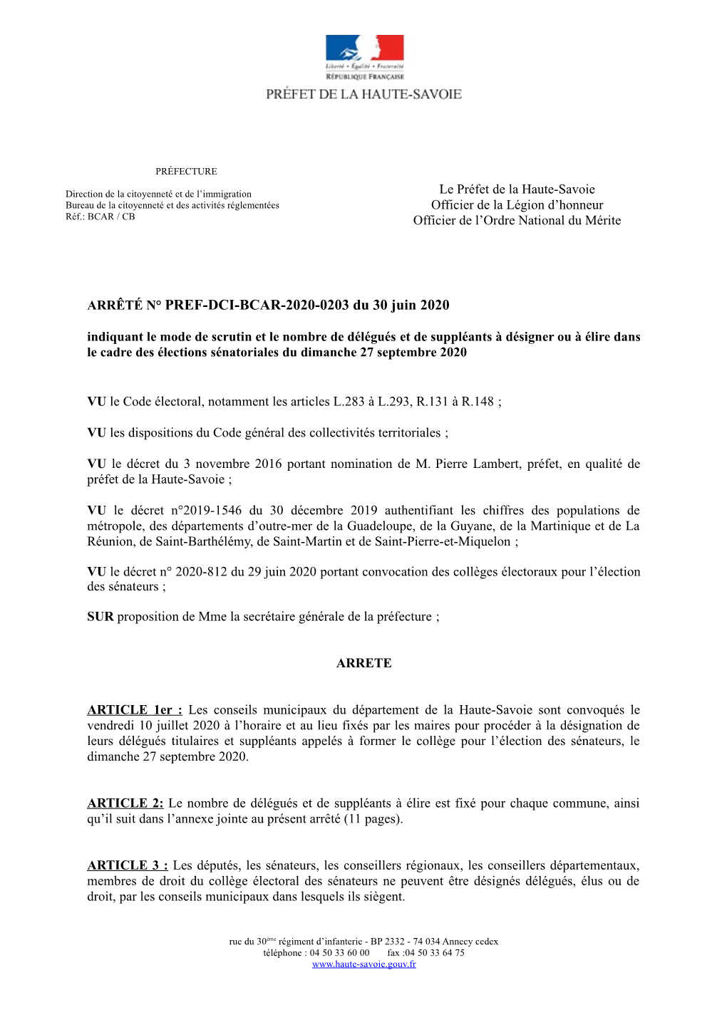 ARRÊTÉ N° PREF-DCI-BCAR-2020-0203 Du 30 Juin 2020