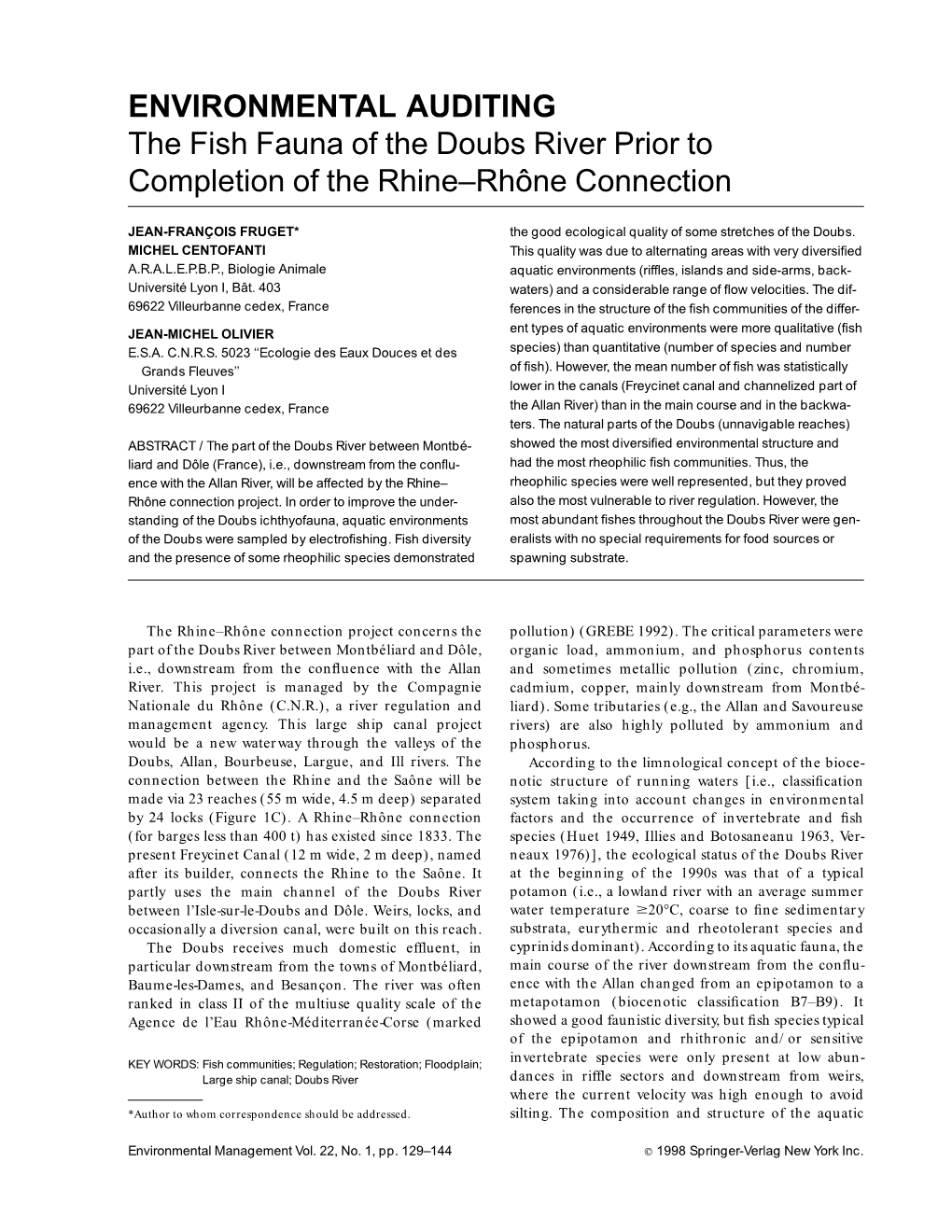 ENVIRONMENTAL AUDITING the Fish Fauna of the Doubs River Prior to Completion of the Rhine–Rhoˆne Connection