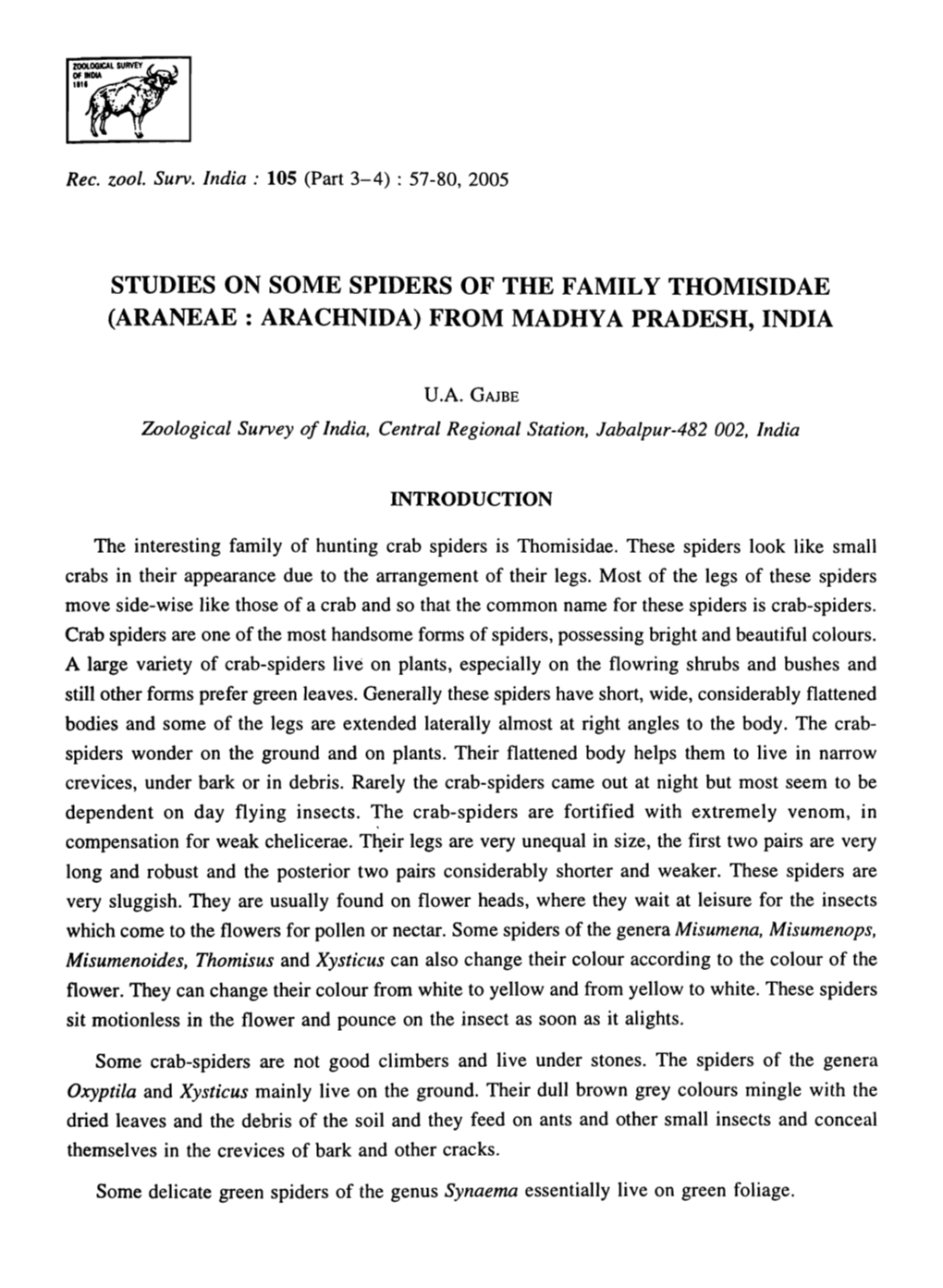 Studies on Some Spiders of the Family Thomisidae (Araneae: Arachnida) from Madhya Pradesh, India