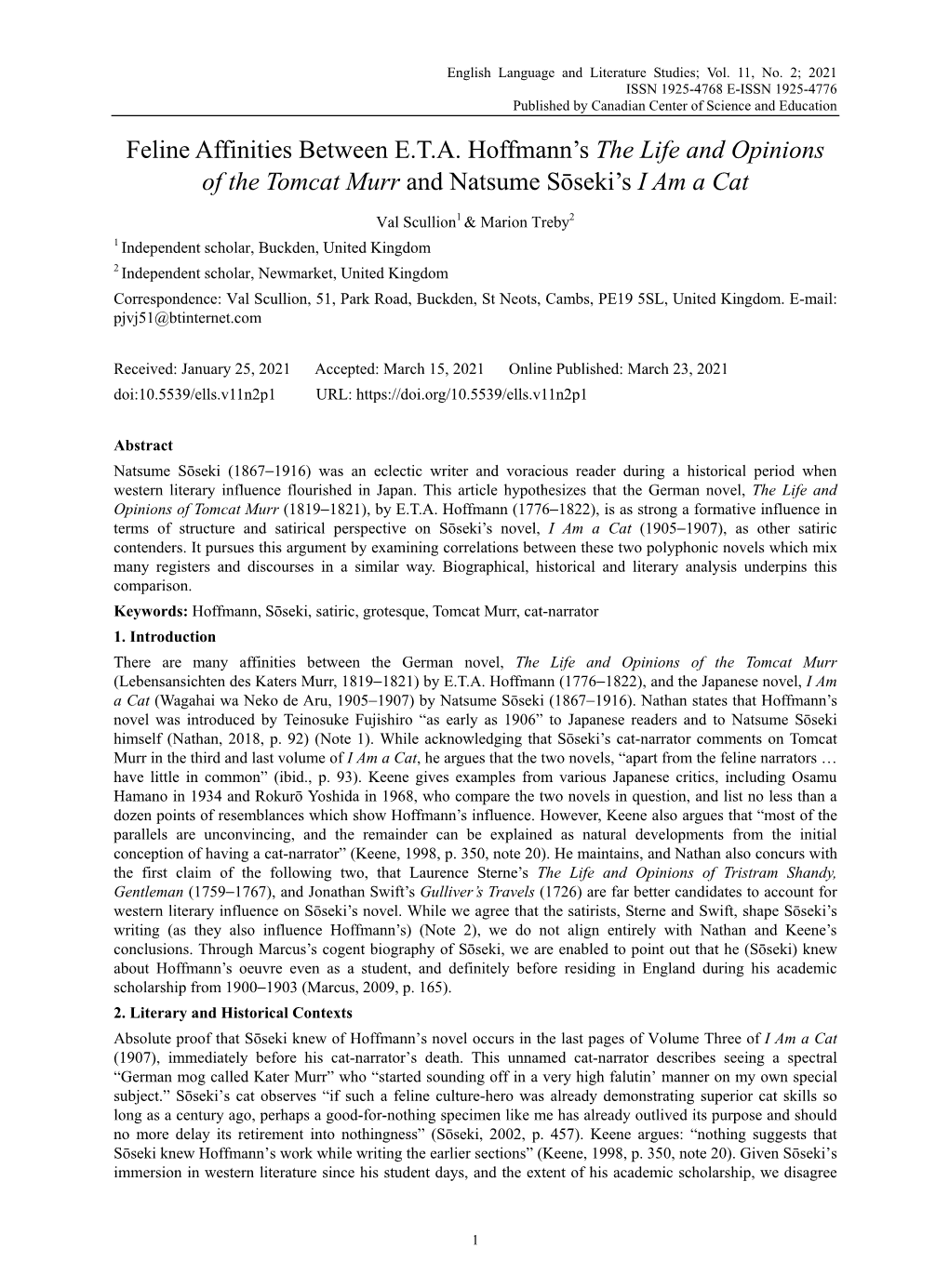 Feline Affinities Between E.T.A. Hoffmann's the Life and Opinions