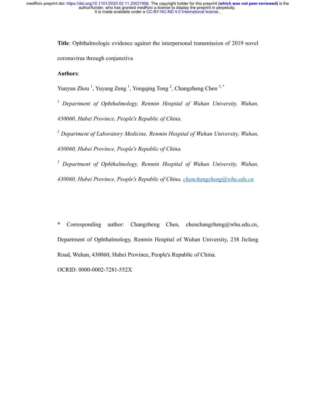 Ophthalmologic Evidence Against the Interpersonal Transmission of 2019 Novel