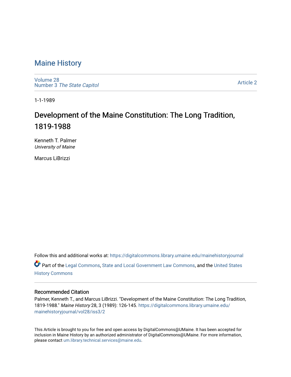 Development of the Maine Constitution: the Long Tradition, 1819-1988