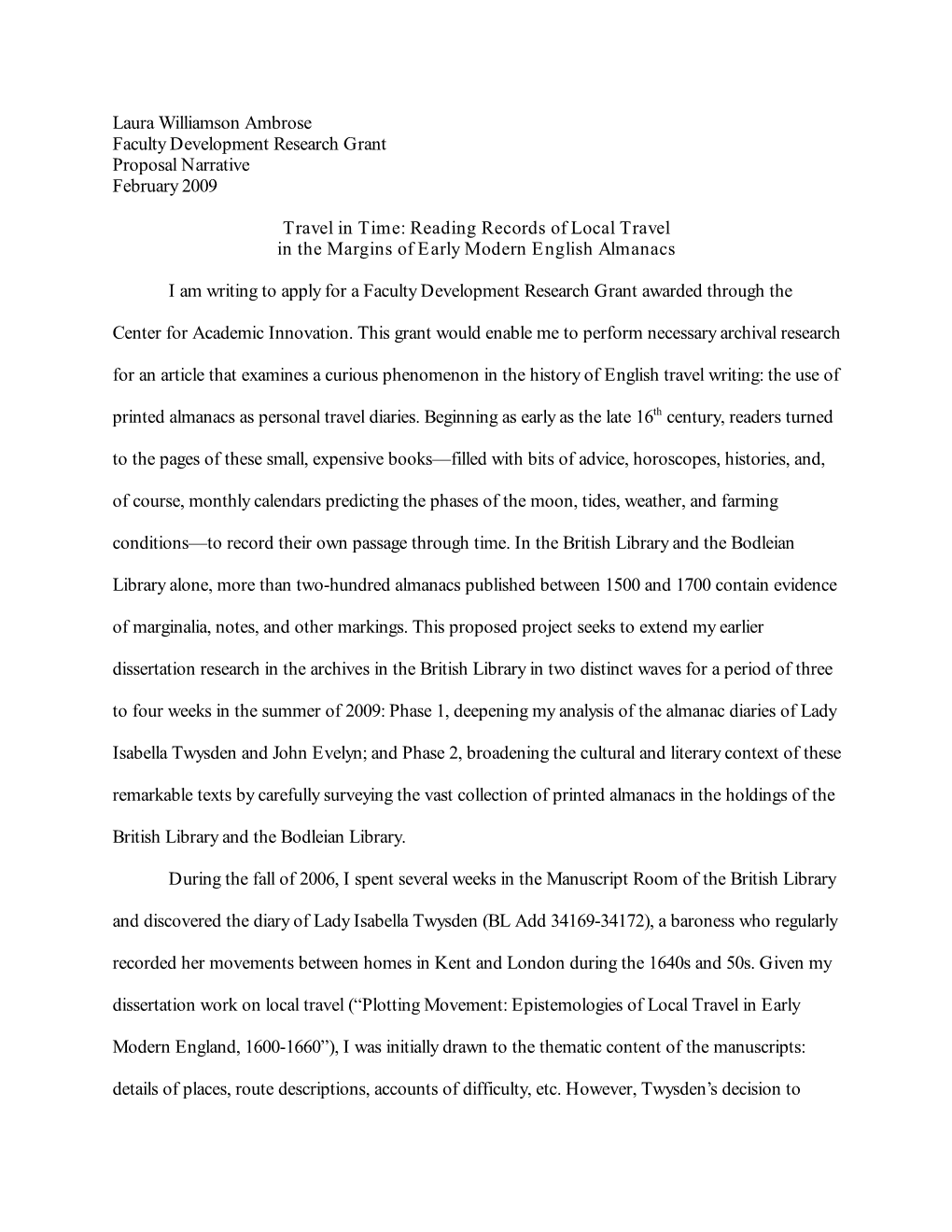 Laura Williamson Ambrose Faculty Development Research Grant Proposal Narrative February 2009