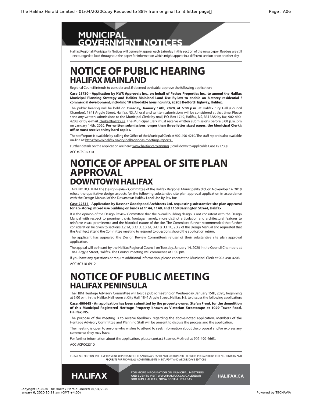 Municipal Government Notices Chronicle Herald Ad