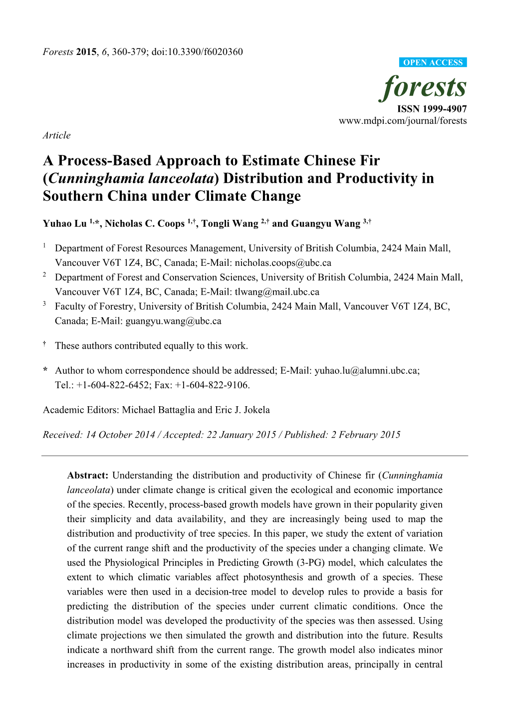 Cunninghamia Lanceolata) Distribution and Productivity in Southern China Under Climate Change