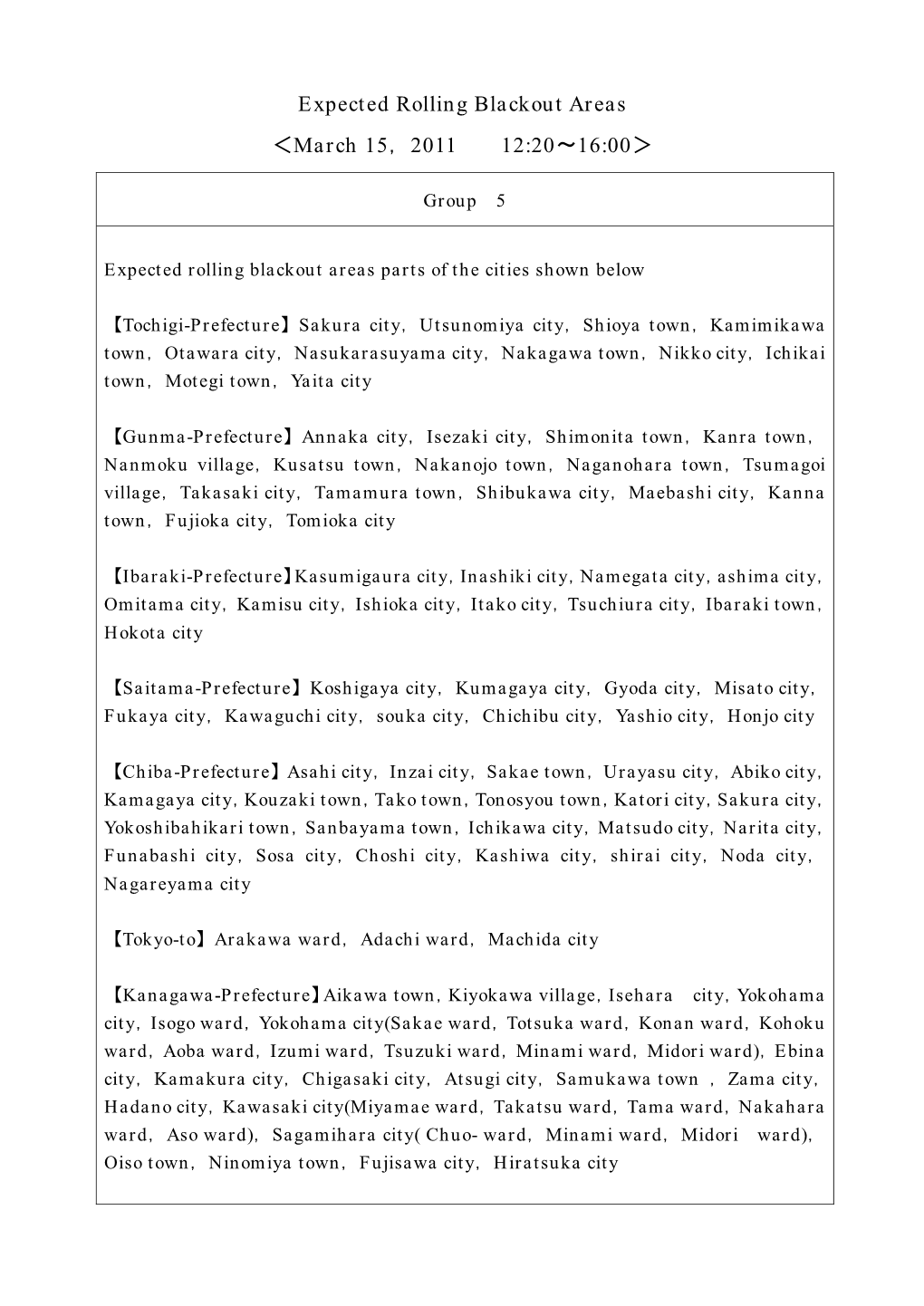 Expected Rolling Blackout Areas ＜March 15，2011 12:20∼16:00＞