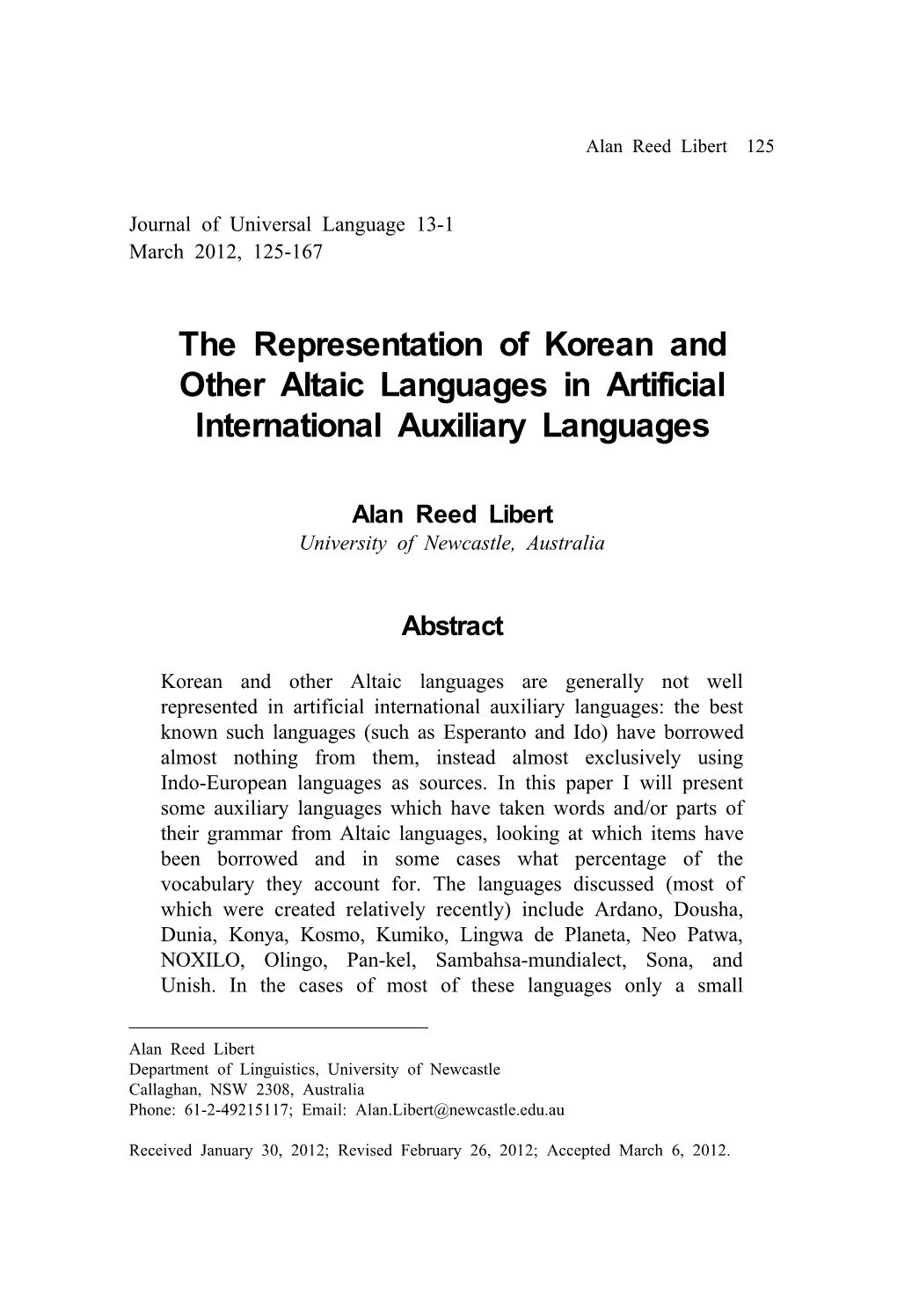 The Representation of Korean and Other Altaic Languages in Artificial International Auxiliary Languages