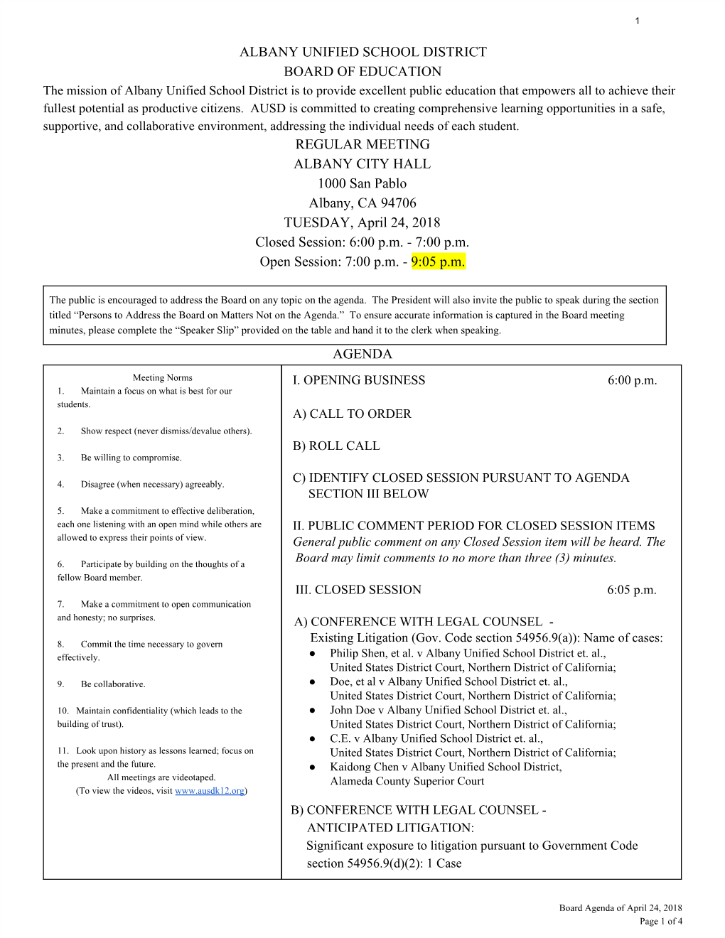 ALBANY UNIFIED SCHOOL DISTRICT BOARD of EDUCATION REGULAR MEETING ALBANY CITY HALL 1000 San Pablo Albany, CA 94706 TUESDAY, Ap