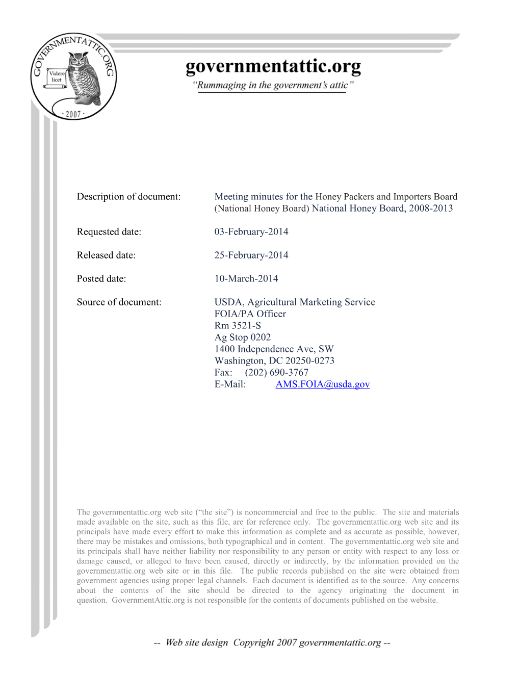 Meeting Minutes for the Honey Packers and Importers Board (National Honey Board) National Honey Board, 2008-2013