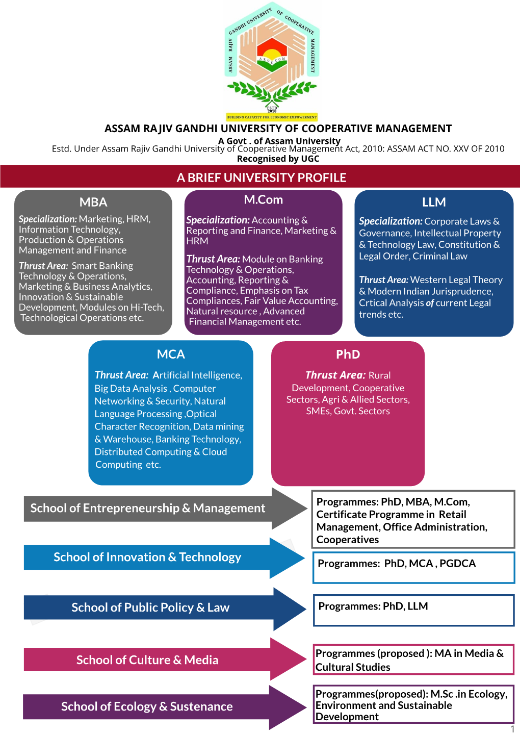 A BRIEF UNIVERSITY PROFILE MBA M.Com LLM MCA Phd School of Entrepreneurship & Management School of Innovation & Technolo