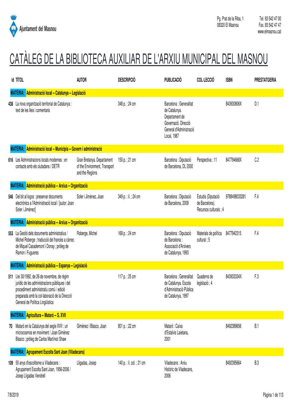 Catàleg De La Biblioteca Auxiliar De L'arxiu Municipal Del Masnou