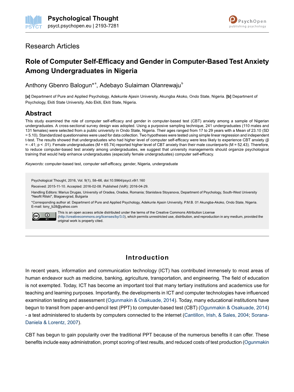 Role of Computer Self-Efficacy and Gender in Computer-Based Test Anxiety Among Undergraduates in Nigeria
