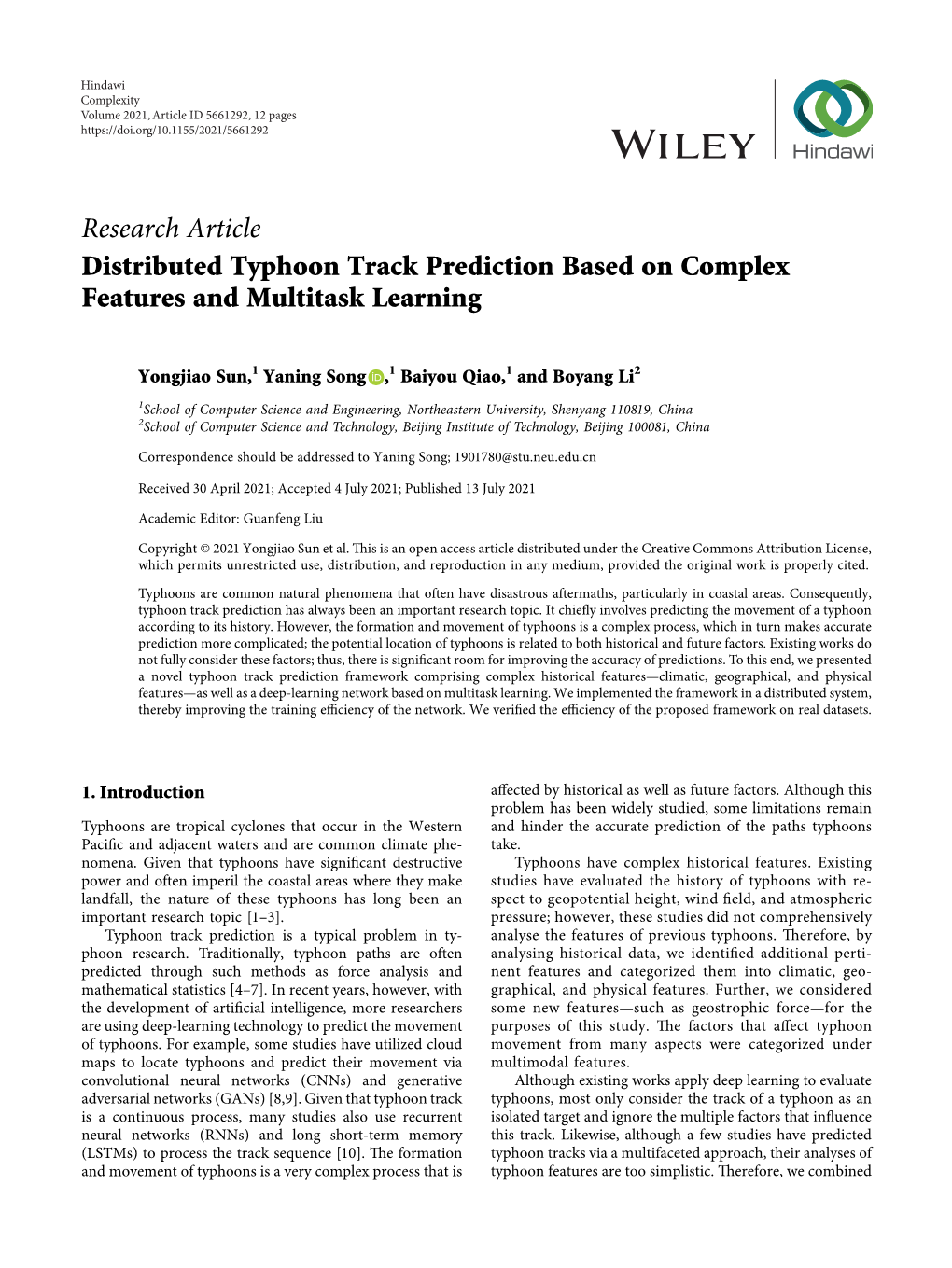 Distributed Typhoon Track Prediction Based on Complex Features and Multitask Learning