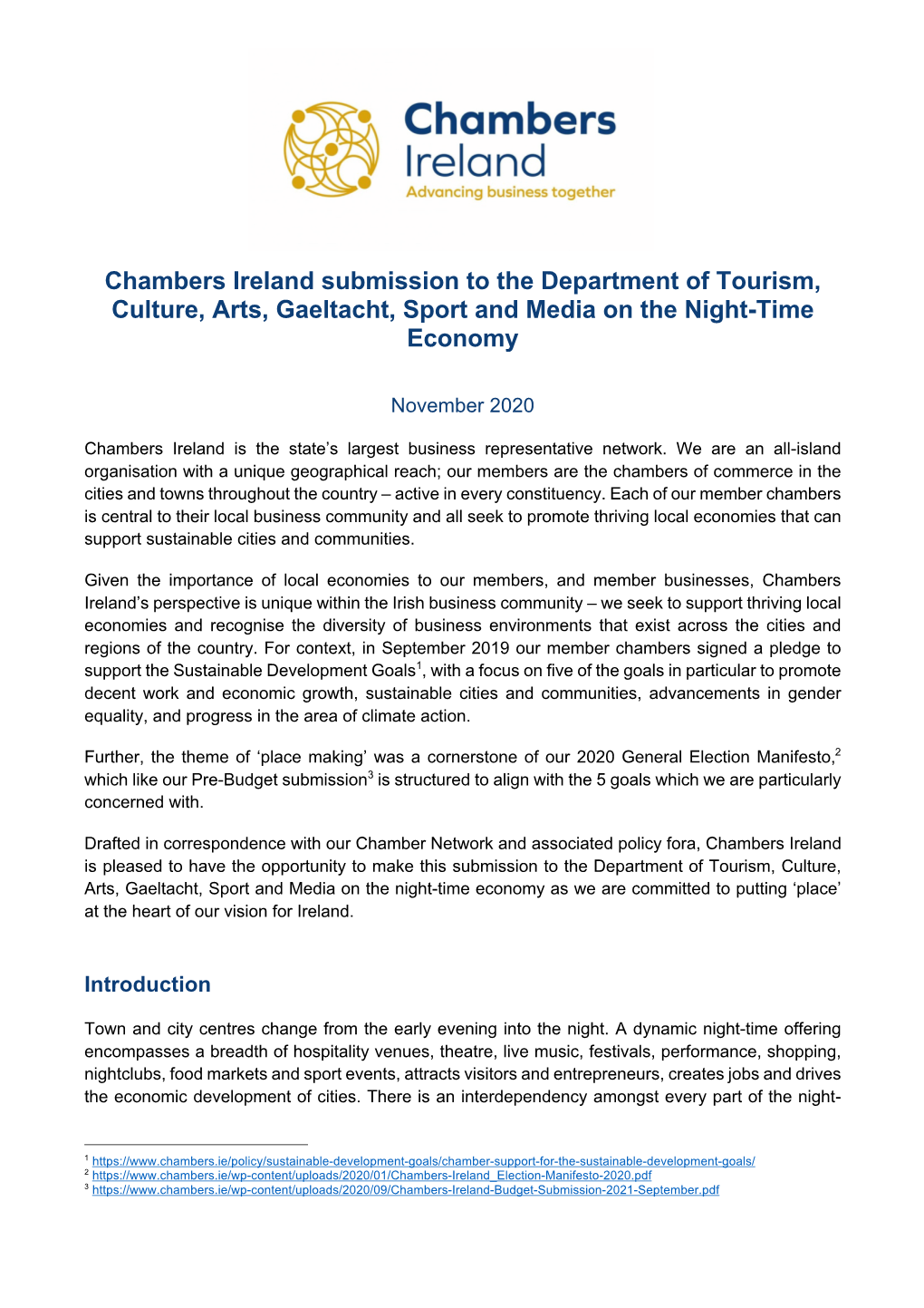 Chambers Ireland Submission to the Department of Tourism, Culture, Arts, Gaeltacht, Sport and Media on the Night-Time Economy
