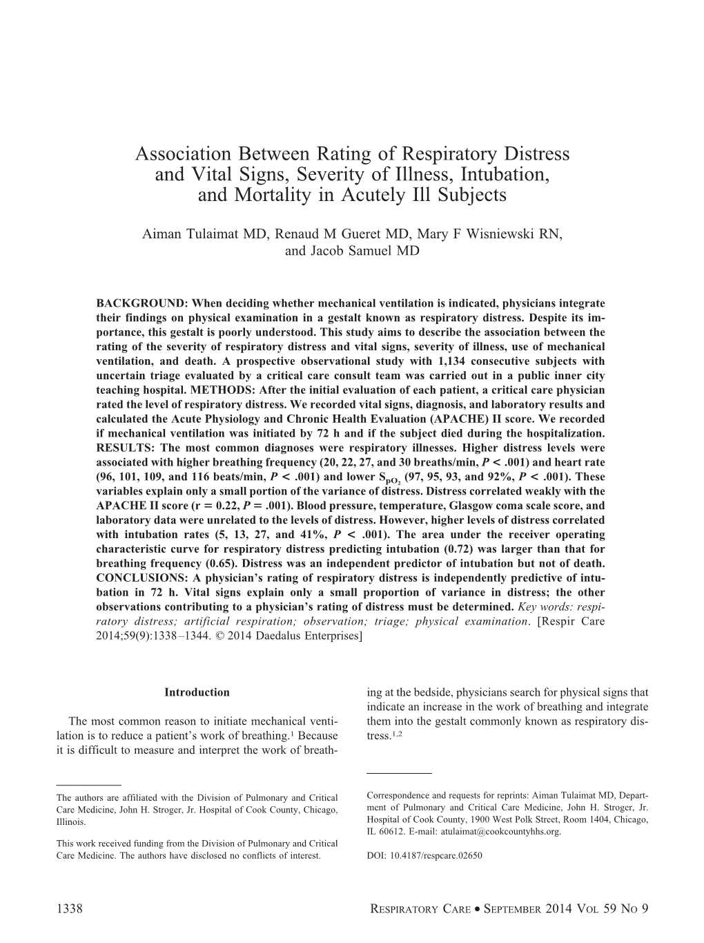Association Between Rating of Respiratory Distress and Vital Signs, Severity of Illness, Intubation, and Mortality in Acutely Ill Subjects