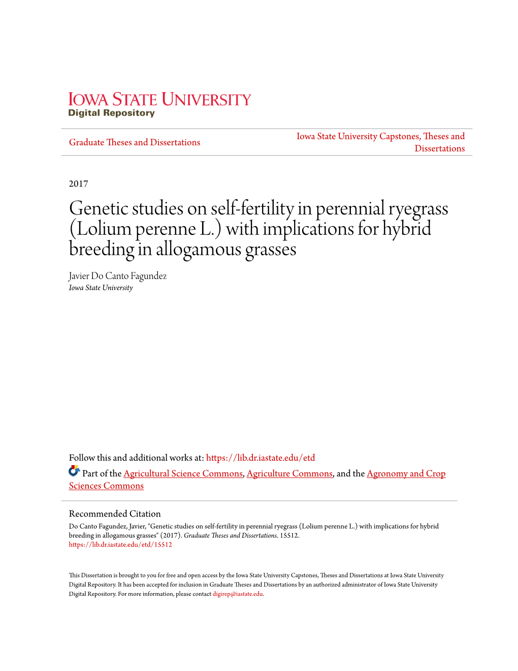 Genetic Studies on Self-Fertility in Perennial Ryegrass (Lolium Perenne