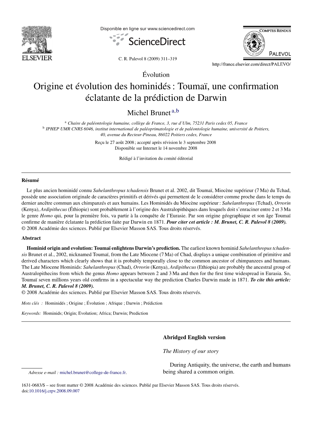 Origine Et Évolution Des Hominidés : Toumaï, Une Confirmation Éclatante De La Prédiction De Darwin