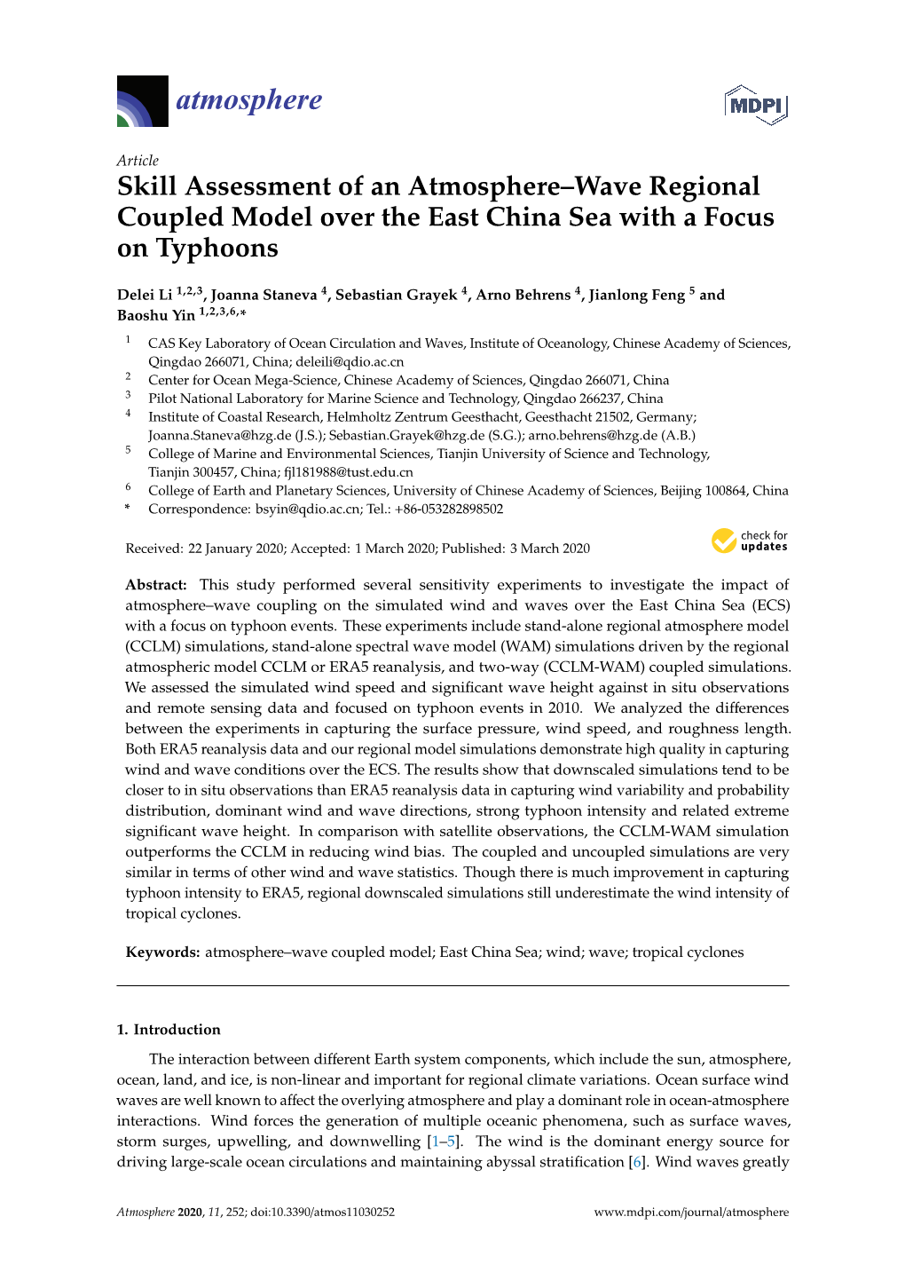 Skill Assessment of an Atmosphere–Wave Regional Coupled Model Over the East China Sea with a Focus on Typhoons